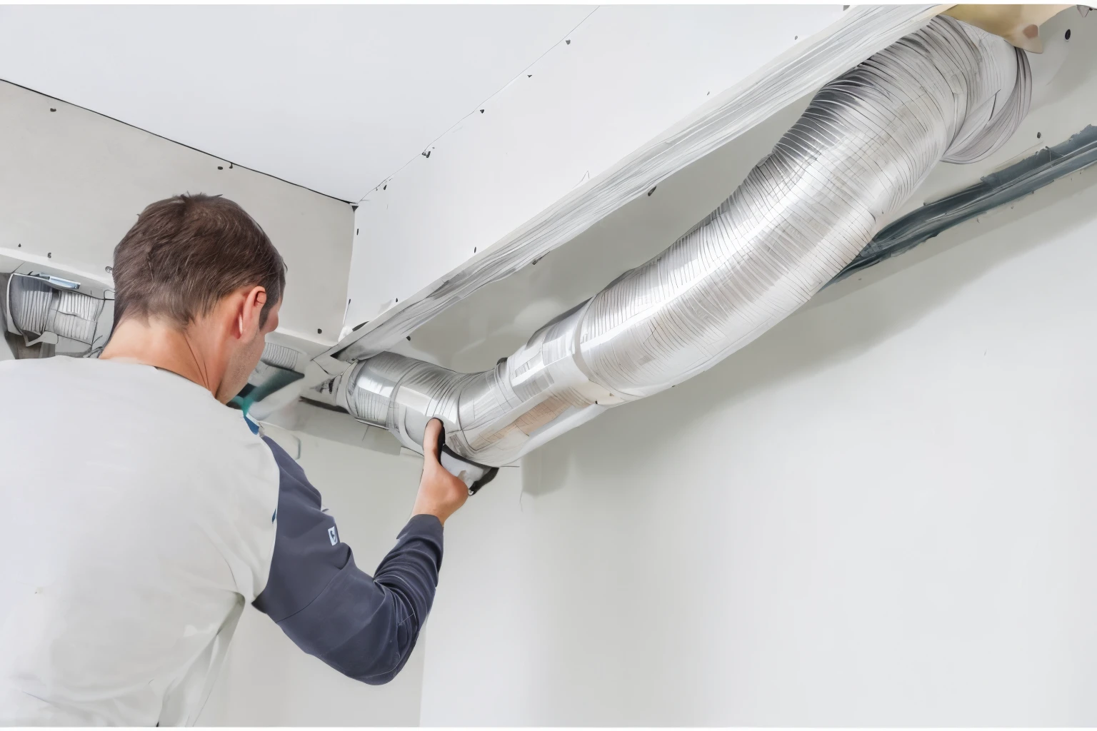 arafed man installing a duct in a wall with a duct rod, vents, piping, maintenance photo, maintenance, installation, with pipes attached to it, air conditioner, creating a soft, suspended ceiling, pipe, trim, pipes, professional, tubes, vent, uploaded, low ceiling, crisp smooth clean lines, professional work, advanced technology, subtle detailing