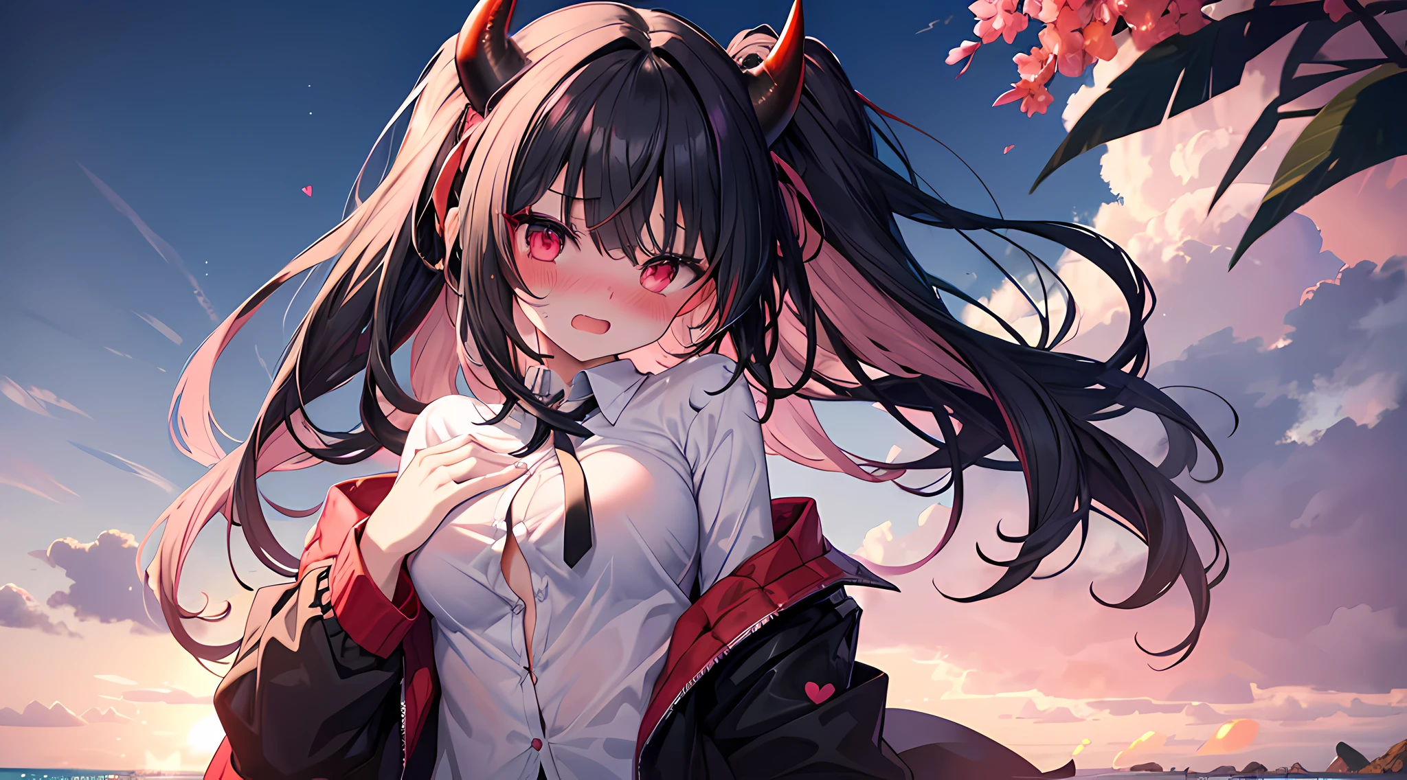 (1 demon girl), front lighting, demon horns, armored knight uniform, detailed face, standing in beach during summer, black hair (multicolored hair), black hairpins, (blushing: 1.5), open mouth, hand unbutton her shirt, hand groping her , heart eyes, front lighting, 8k, masterpiece, ultra HD,