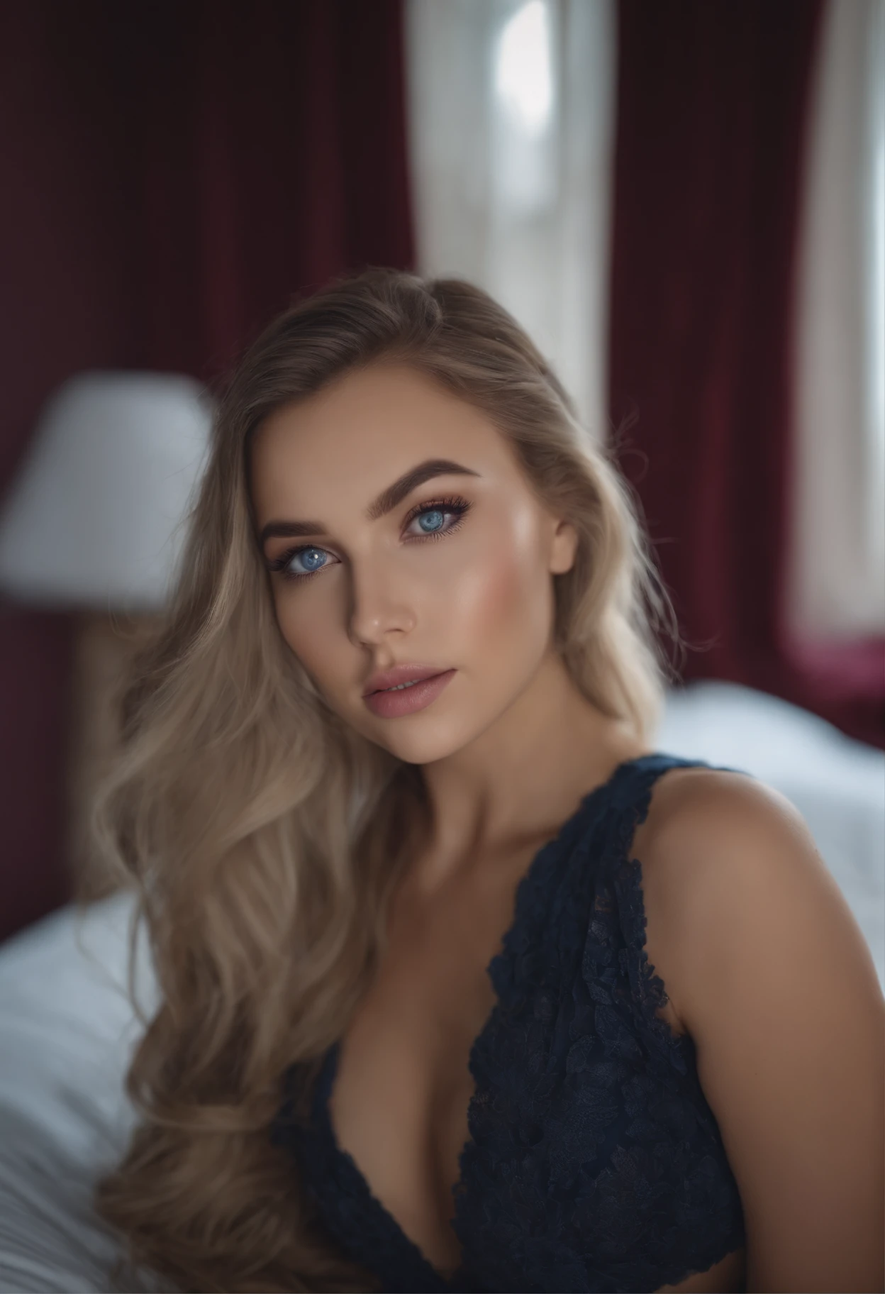 arafed frau voll , Sexy girl with blue eyes, ultra realistisch, Akribisch detailliert, portrait sophie mudd, blonde hair and large eyes, Selfie einer jungen Frau, Augen im Schlafzimmer, Violet Myers, ohne Make-up, Natural makeup, Blick direkt in die Kamera, Gesicht mit Artgram, dezentes Make-up, Stunning full body shot, die auf dem Bett kniet, im Schlafzimmer, Large bust