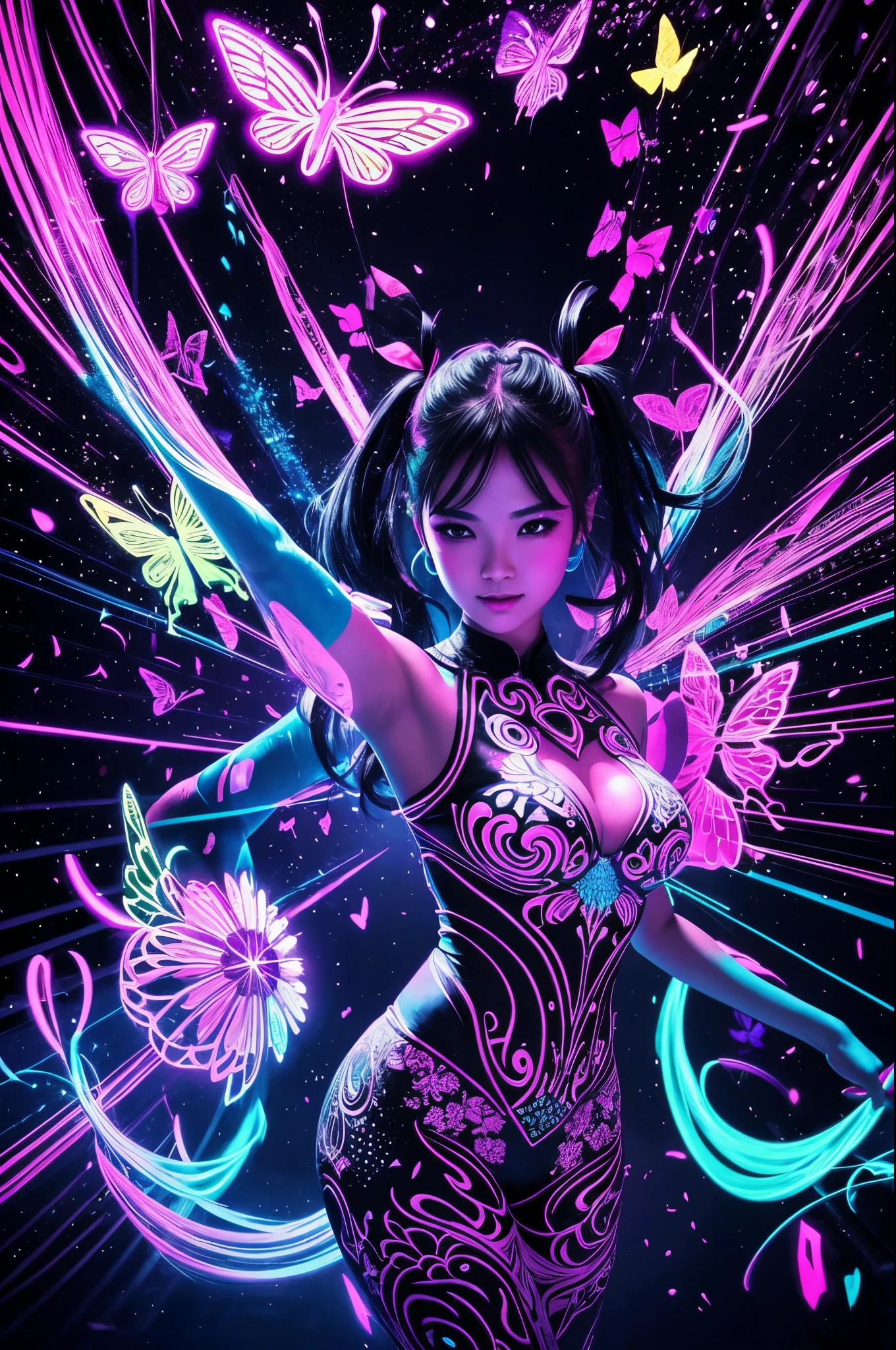 When illuminated by black light，The dance floor in the bar turns into a mysterious world。In this world，Girls wearing fluorescent clothes，Release unlimited vitality in the beating rhythm。in the center of the dance floor，A girl in pink clothes is leading everyone in a cheerful dance。Her body glows bright pink under the black light，Make her look like a gorgeous butterfly dancing。The girls around her danced to her rhythm，The fluorescent paint on their bodies shines in colorful light under the black light，It&#39;s like being in a mysterious fairyland。There are some fluorescent paintings hanging on the wall next to the dance floor，These paintings are illuminated by black light，become more colorful。some weird shapes、Bizarre patterns，Make the whole space full of creativity and imagination。In such a dynamic and creative environment，People can dance happily、Release your emotions and energy。This black light art painting presents a vibrant and creative world，Immerse people in it，feel the joy of dancing，Release your emotions and energy,（black light art drawing：1.8）, （Anatomically correct and precise facial structure, detailed facial depiction, and delicate facial features）, Blacklight Neon Trippy Psytrance Black light UV
