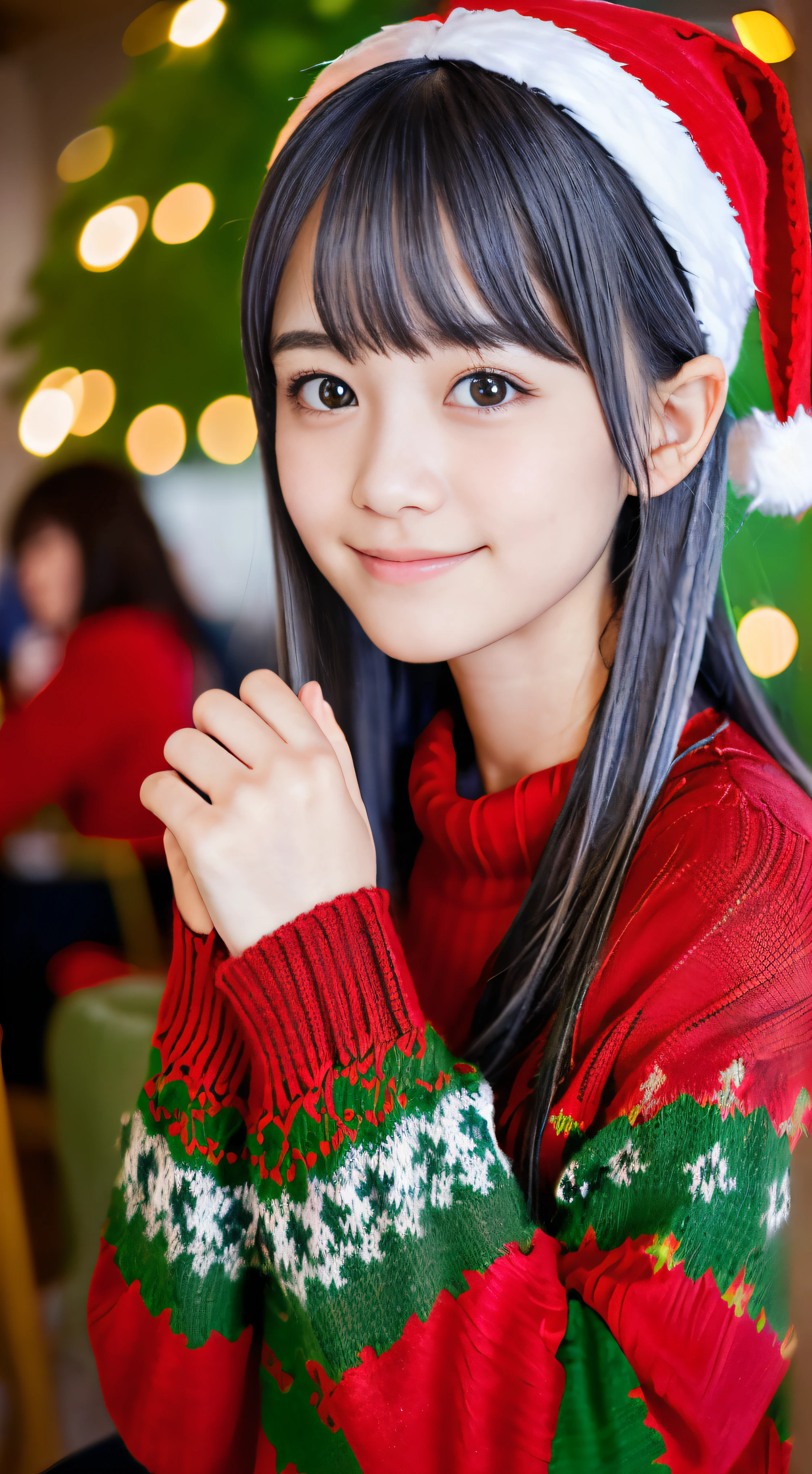 (Close-up of a girl with long dark silver hair with flowing bangs wearing a colorful winter knitted sweater and shirt。:1.5)、(Girls are having a Christmas party in a cafe at night with little smiles:1.5)、( Blurry background,:1.5)、(Perfect Anatomy:1.3)、(complete hands:1.3)、(complete fingers:1.3)、Photorealsitic、Raw photography、masutepiece、top-quality、hight resolution、delicate and pretty、face perfect、Beautiful detailed eyes、Fair skin、Real Human Skin、((thin legs))