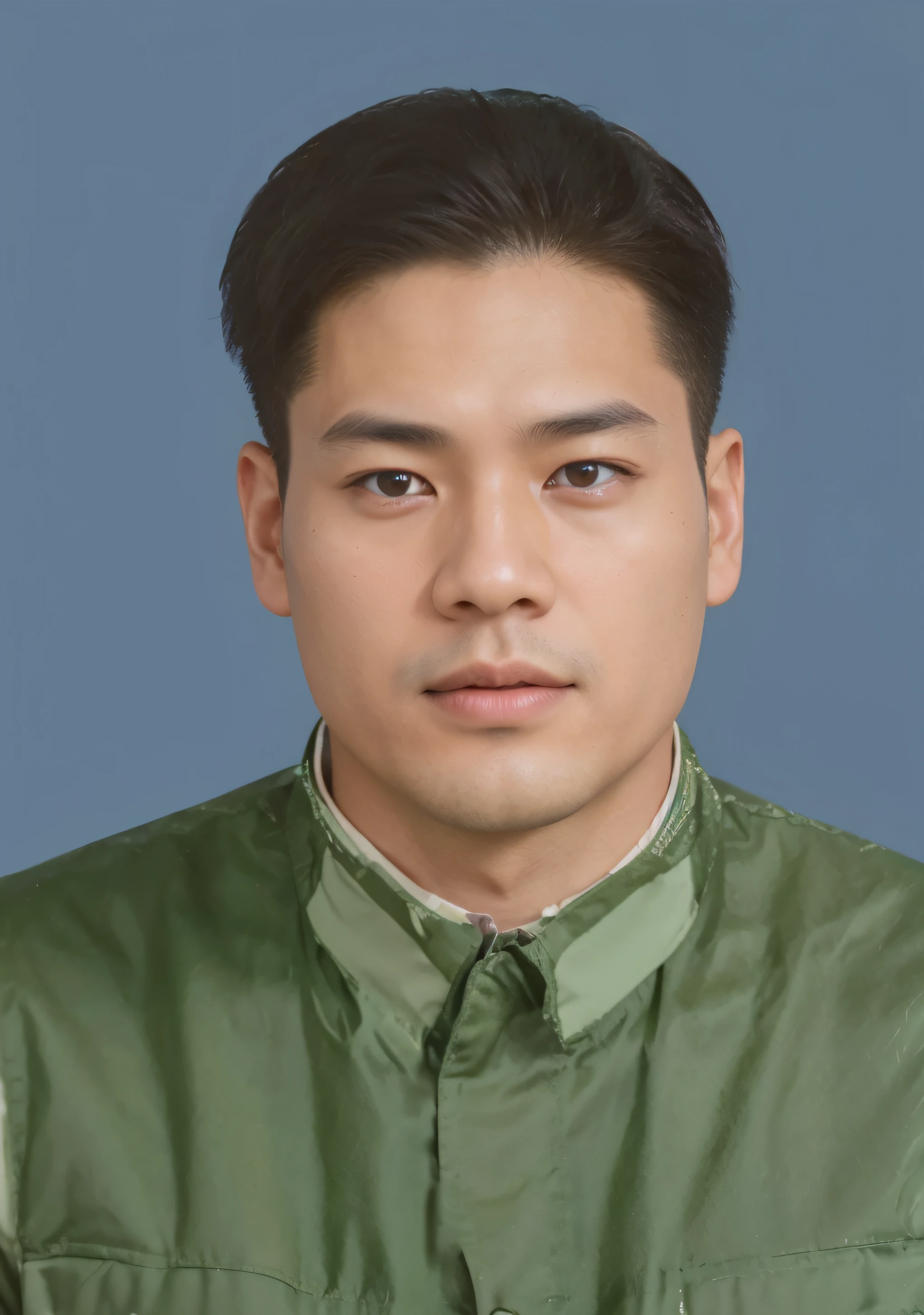 Portrait of a 30-year-old Chinese man,Facial emaciation,No beard,good facial features,Symmetrical facial features,Symmetrical ears、Pubic area is clear,Ultra-clear and realistic facial features,short detailed hair,inch hair,Wearing a green military uniform,The texture of the clothes is clear,Ultra-clear texture,Camera shooting effect,Light and shadow are natural,symmetrical clothes,Symmetrical collar、coordination,Ultra-clear and realistic 8K,The eyes and face are very detailed,hyper-detailing, k hd, The is very detailed, Best quality at best, tmasterpiece, , actual, of a real, 8k wallpaper,Background details of foreground objects (tmasterpiece: 1.2) (realisticlying: 1.2) (bokeh: 1.2) (Best quality at best) (colorgrading) (Detailed skins: 1.3) (Complex) (8K)(电影灯光: 1.3) (Focus sharp), Glowing and radiant skin, Front Ultra HD, Digital SLR, gentlesoftlighting, high qulity, skin texture, filmgrain, closeup cleavage, 超高分辨率,