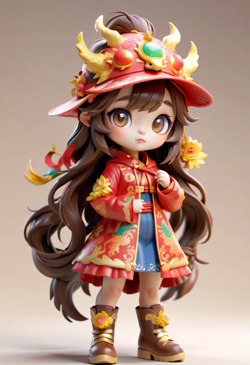 Super cute big eyed girl wearing Chinese dragon shaped hat, brown hair, long hair, bright colors, zodiac signs, tech elements, stylish clothing, big boots, Full body portrait, Stand, POP MART blind Box, front view, clean background, clay style, fine gloss, Studio lighting, 3D, OC render, Blender, Best quality, ultra high definition, 8K
