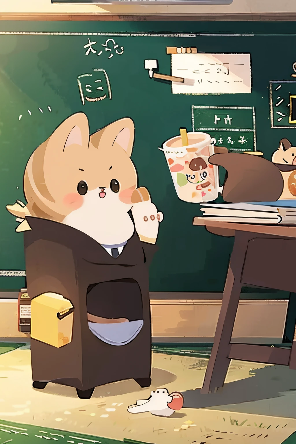 One cute cat, Classroom, tables and chairs, blackboards, trash cans.