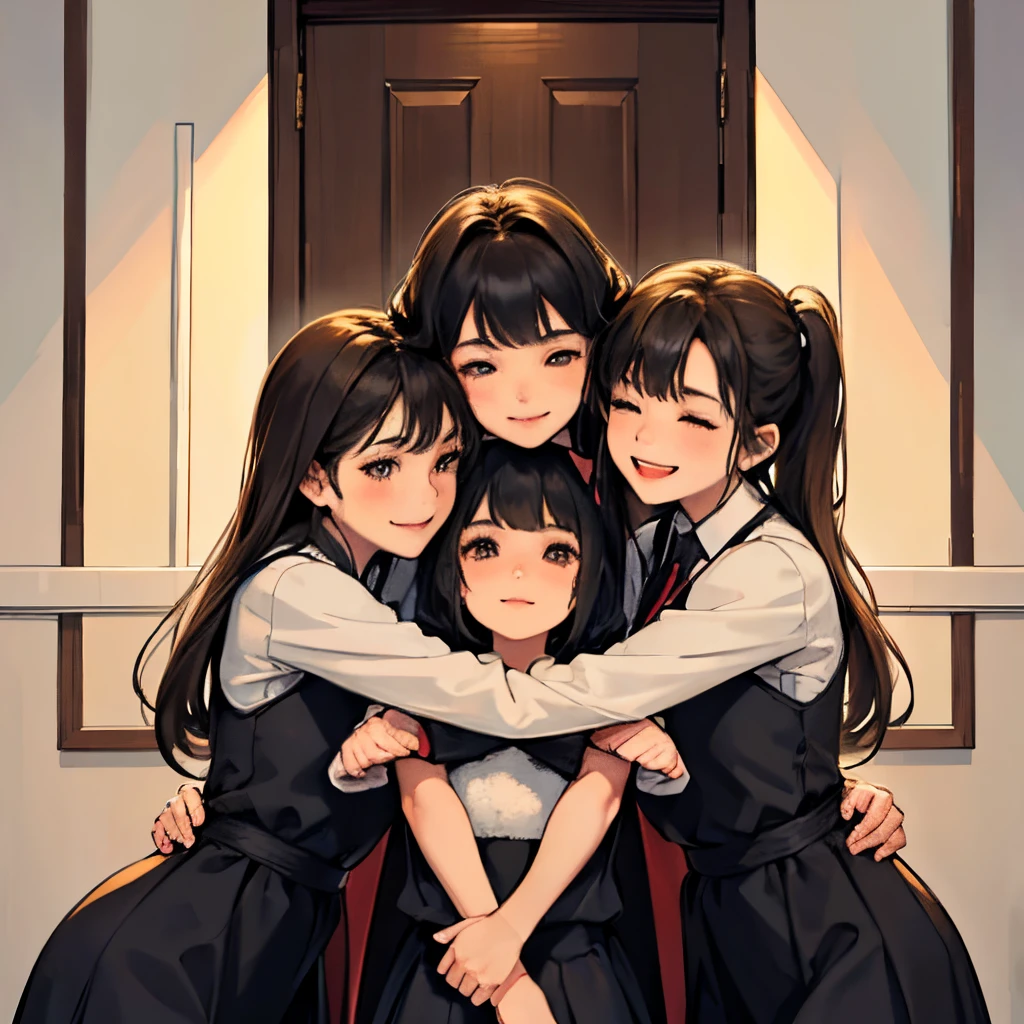 3 girls hugging each other, in front of a door, light coming from their behind, dark inside room, all happy, smiling eyes closed, wearing winter dress