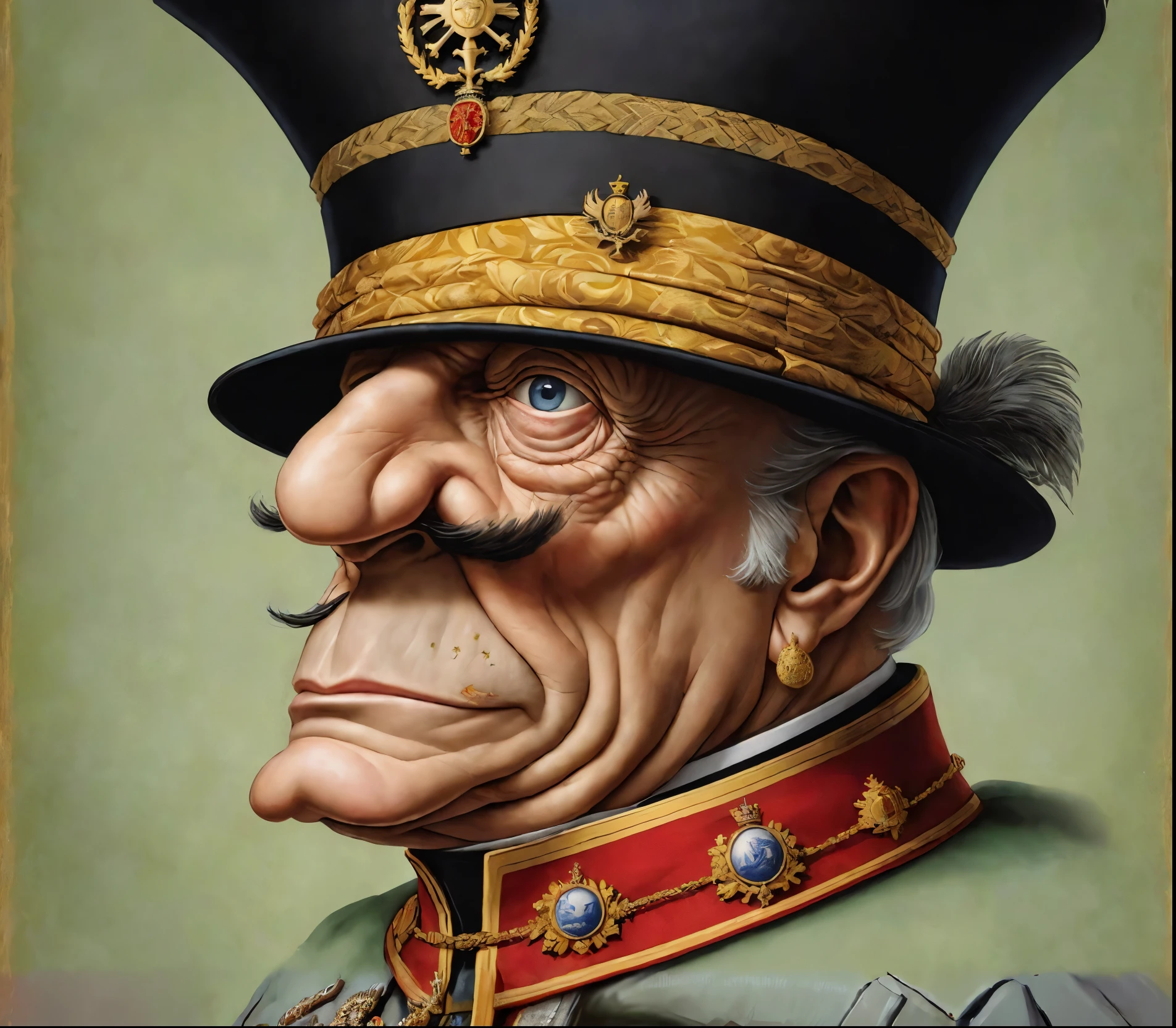 A picture of a man in military uniform holding a pipe in his mouth, Portrait of a mad general, a portrait of a hyperdetailed, closeup character portrait, imperial portrait, Michael Horse (Unreal Engine, high-detail iconic characters, Ivan Plush Artwork, very detailed portrait, inspired by Adolf Dietrich, very detailed portrait, Inspired by Carl Kopinski, Conrad Krafek