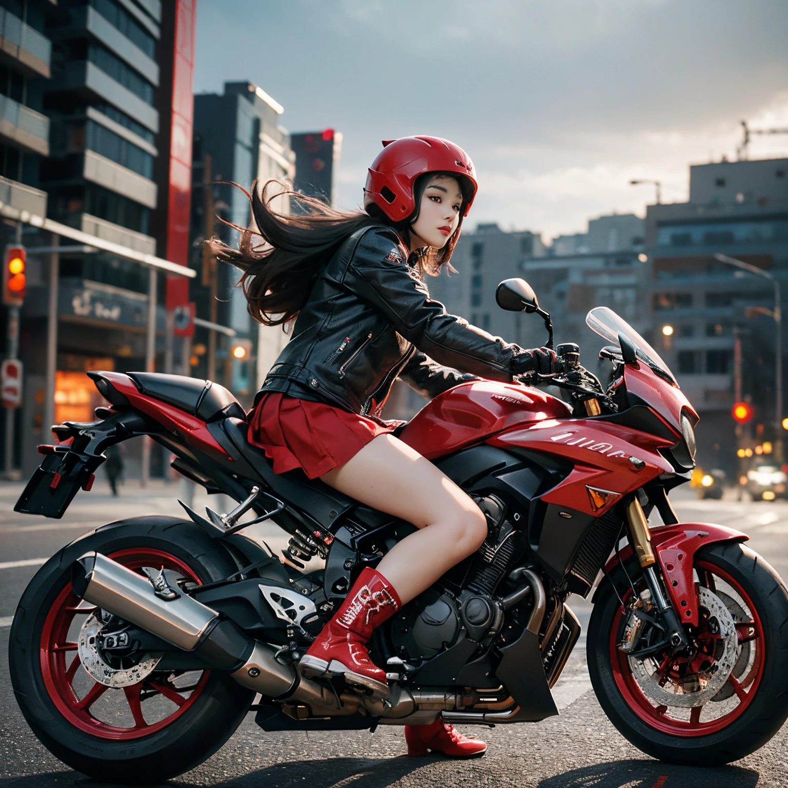 hight resolution、high-level image quality、in 8K、Real live-action、Raw photography、top-quality、​masterpiece、masutepiece、(Soft Saturation:1)、(depth of fields:1.2)、(Ray traching:1.2)、landscapes、natta、optic、The background is a sci-fi style night view、heavy wind、Big red motorcycle speeding through the city at night、Young woman in red dress sitting on a big red motorcycle, Beautiful face、(Red Skin Jacket:1.2)、(Red short skirt:1.3)、white knee highs、Black boots、Grab the controller、sitting on a motorcycle, Wearing a red sci-fi style full-face helmet, full face helmet:1.2、Ride a giant motorcycle, motor cycle, Motorcycles, motorbiker, riding on motorcycle, picture of a female biker, motorbike,Motorcycle displacement: 1300CC、quick, photographed, up close shot,motion-blur、