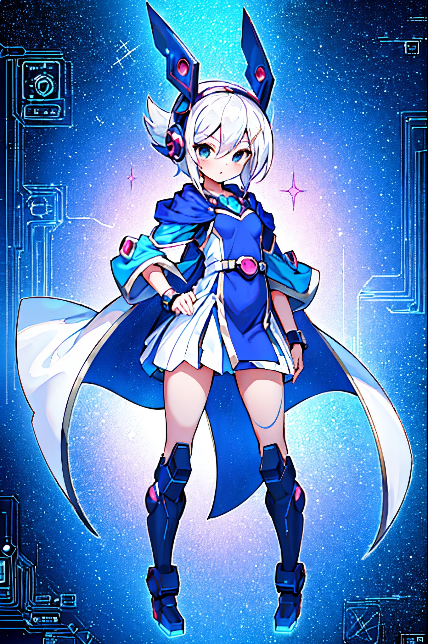 (1girl:1.5), solo, (:1.4), full body, small breasts, short hair, looking at viewer, (open coat, robe, blue robe, magical, magician, modern, contemporary, mecha musume, science fiction, futuristic:1.4), solo, full body, masterpiece, solo, (dynamic pose:1.5), mecha musume, mecha, (flying, dynamic pose:1.4), futuristic, beautiful, detailed eyes, detailed face, (white clothes:1.2), (blue stripes:1.3), (white hair:1.4), yu-gi-oh!, (loli), (cyberse:1.4), (loli:1.3bsurdres, ultra-detail, yugioh style, yugioh monster, duel monster,