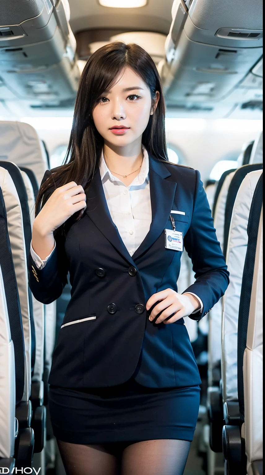 (Best Quality:1.3),(depth of field:1.3) ,((front body:1.35)) ,Japanese woman,40 years old,Flight Attendant’s Uniform, huge breasts ,plump,(looking at viewer:1.3), (full body shot:1.2),standing,Inside the airplane
