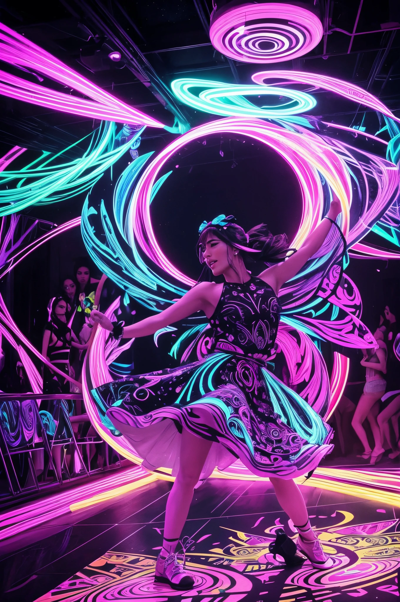 When illuminated by black light,The dance floor in the bar turns into a mysterious world。In this world,Girls wearing fluorescent clothes,Release unlimited vitality in the beating rhythm。in the center of the dance floor,A girl in pink clothes is leading everyone in a cheerful dance。Her body glows bright pink under the black light,Make her look like a gorgeous butterfly dancing。The girls around her danced to her rhythm,The fluorescent paint on their bodies shines in colorful light under the black light,It's like being in a mysterious fairyland。There are some fluorescent paintings hanging on the wall next to the dance floor,These paintings are illuminated by black light,become more colorful。some weird shapes、Bizarre patterns,Make the whole space full of creativity and imagination。In such a dynamic and creative environment,People can dance happily、Release your emotions and energy。This black light art painting presents a vibrant and creative world,Immerse people in it,feel the joy of dancing,Release your emotions and energy,(black light art drawing:1.5)