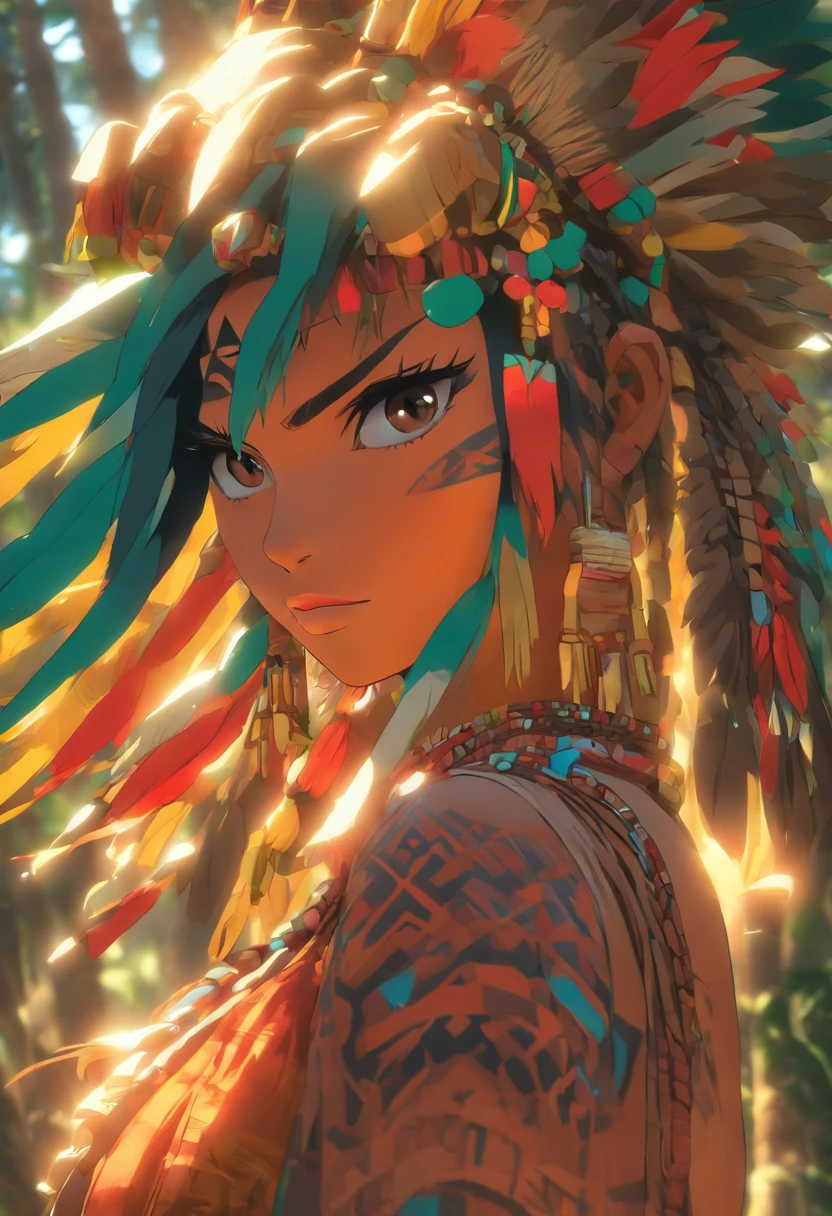 (((Femme autochtone))) Best quality, very high resolution, CGI 4K detail, Masterpiece, Ceuci, peinture indigenous, Amazone, Brazil, indigenous, Indigenous Tribes, Ville autochtone, woods, aesthetics, belle image, Screen-centric, corps entier