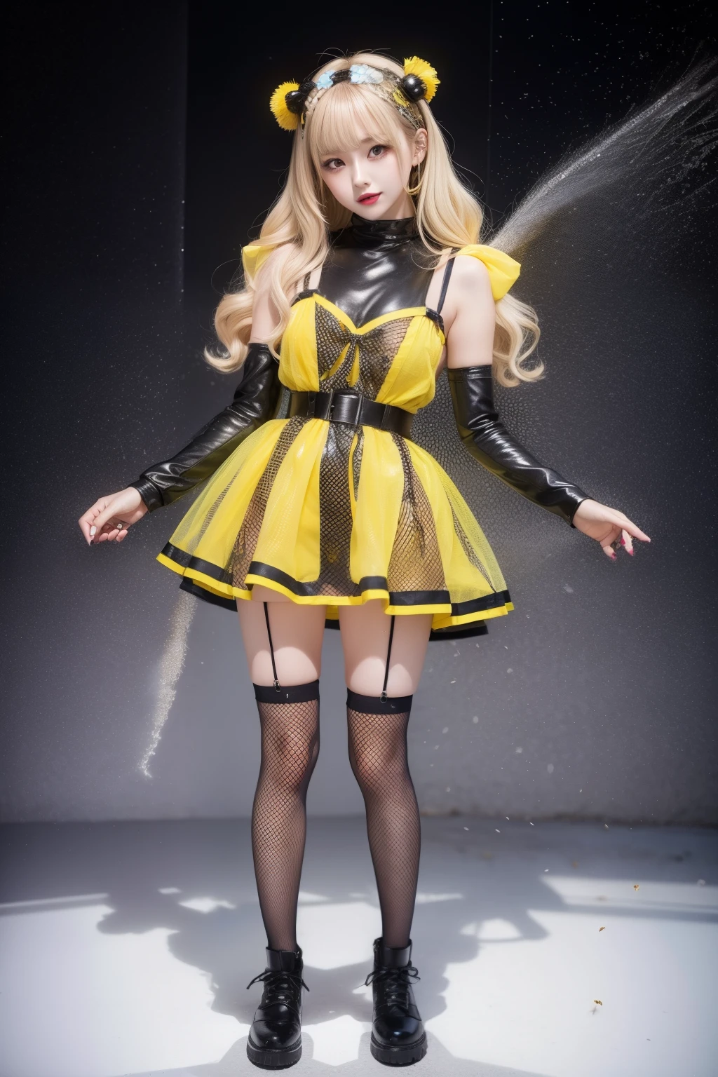 Female idol covered in bees、full body Esbian、bee covered tight mini dress、fishnet tights、Fluorescent color、light blonde long hair