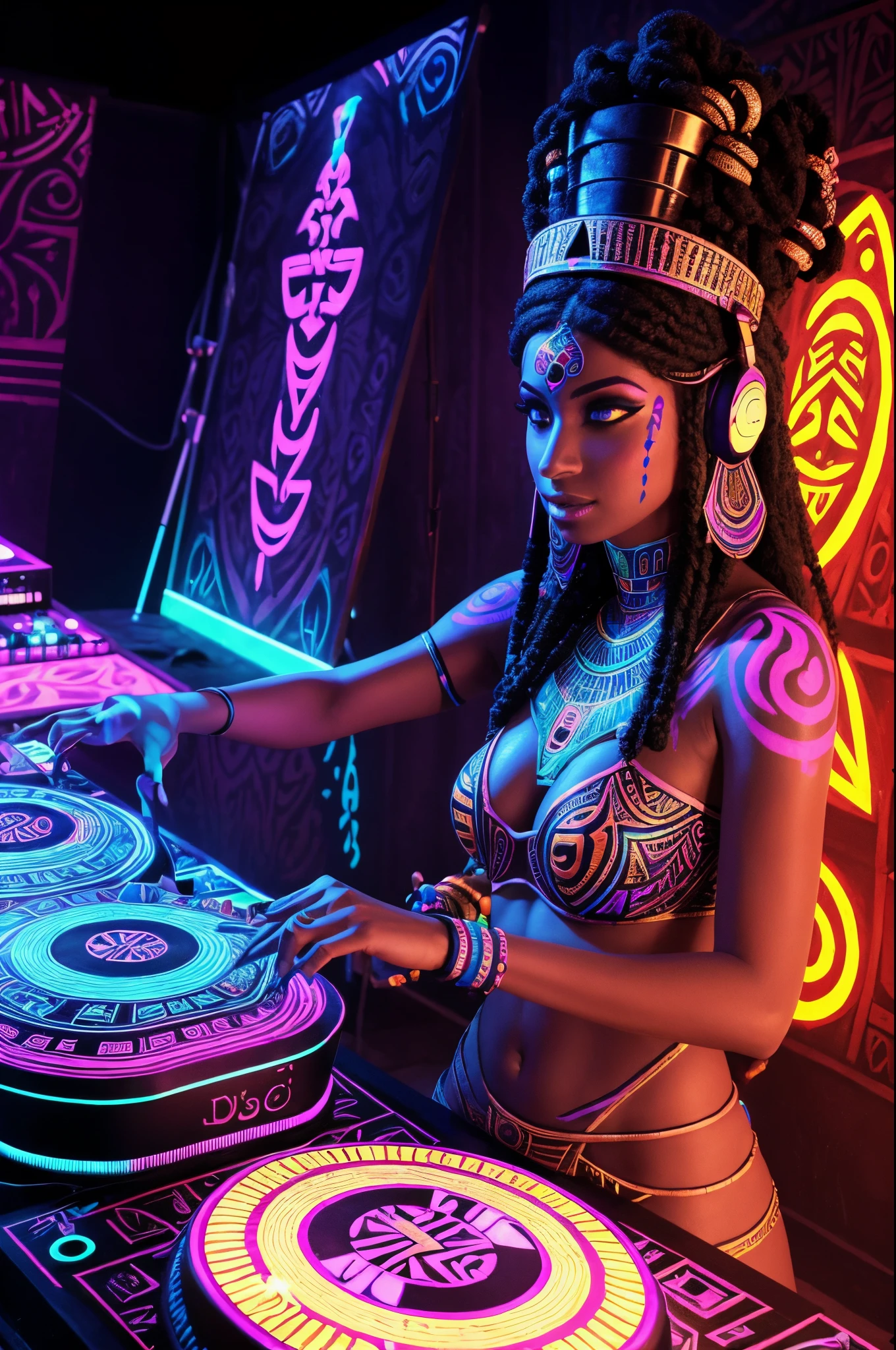 Body painting of ancient Egyptian pharaohs and queens, dancing under black light. Blacklight Neon Trippy Psytrance Black Light UV shows off her dj skills on a sandy dj deck in a hardcore sandstorm
