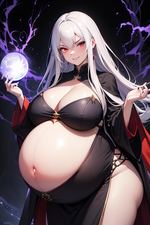 best quality,hires,masterpiece,1girl,black robe,wizard robe,(bellyheavy,gigantic belly,pregnant,huge breasts:1.1),cleavage,tight clothes,smug,evil laugh,angry eyes,white hair,red eyes,long hair,popped out belly button,magic,evil,lightning,dark background,looking at viewer, half portrait