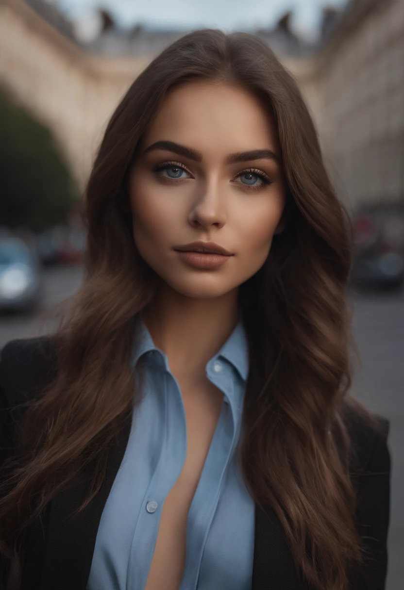 Latino and Swedish Woman, sexy girl with blue eyes, ultra realist, Meticulously detailed, Portrait Sophie Mudd, brown hair and big eyes, selfie of a young woman, London background, black suite, with makeup, natural makeup, looking straight at camera , Face with Artgram, Subtle makeup, Great photo of the whole body the street, in the London, Medium to large bust, in a sexy dress outfit, standing on London park