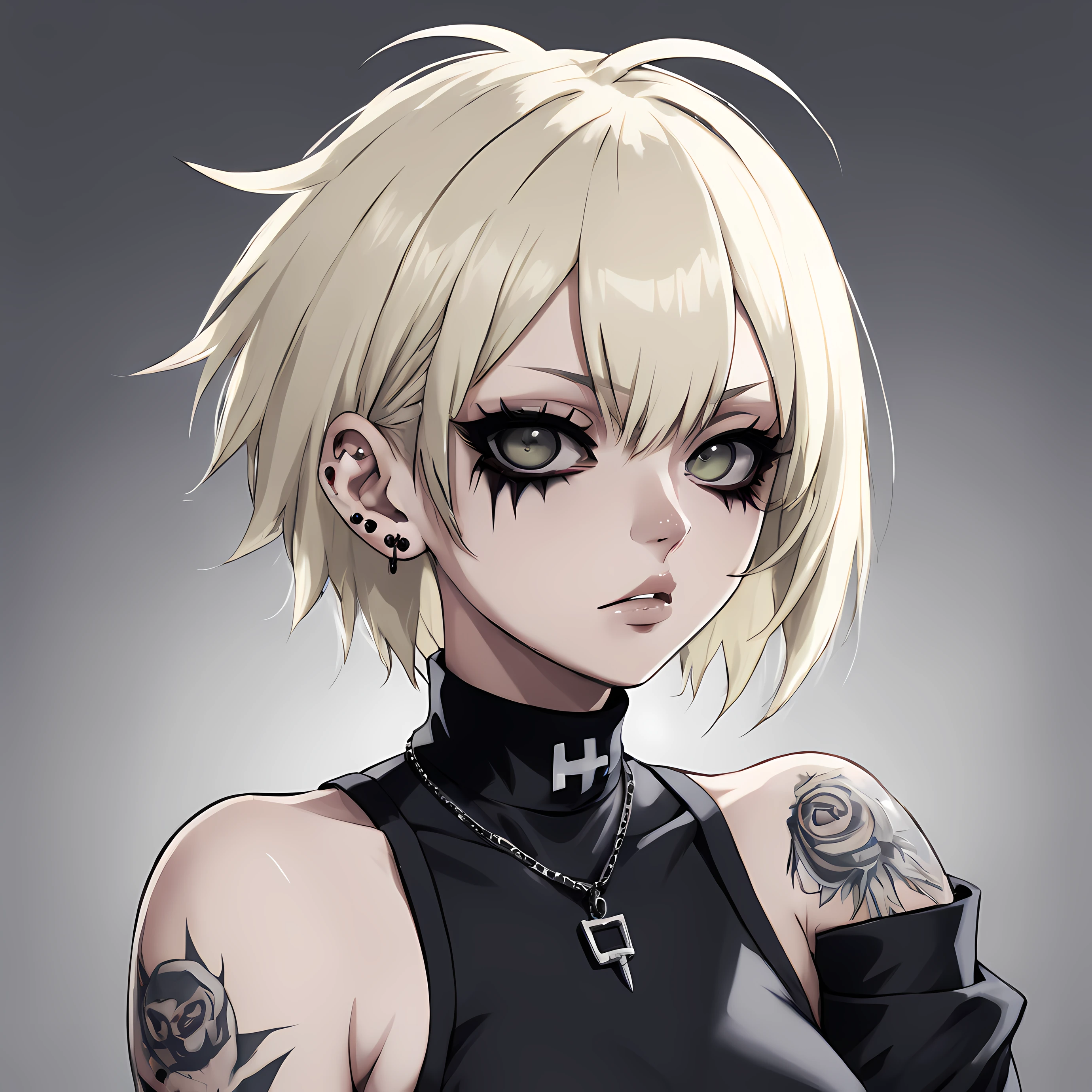 Jujutsu kaisen style, jujutsu kaisen the anime, blond woman with tattoos and piercings posing for a picture, septum piercing, girl with short white hair, wearing spikes and piercings, piercings collar, wearing black choker, pale hair, gothic eyeliner, piercing stare, dark piercing eyes, "I don't miss you, I miss the sin and I don't miss us, I miss back then"