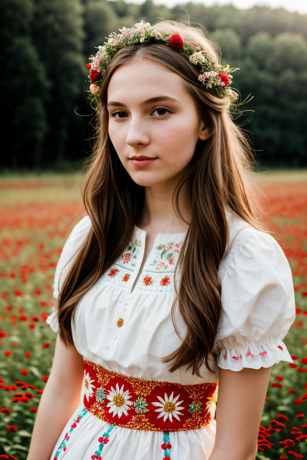 portrait of a slender girl in traditional Russian dress on the background of a field with flowers, girl close to the camera, sunlight, bokeh, contour light, high quality