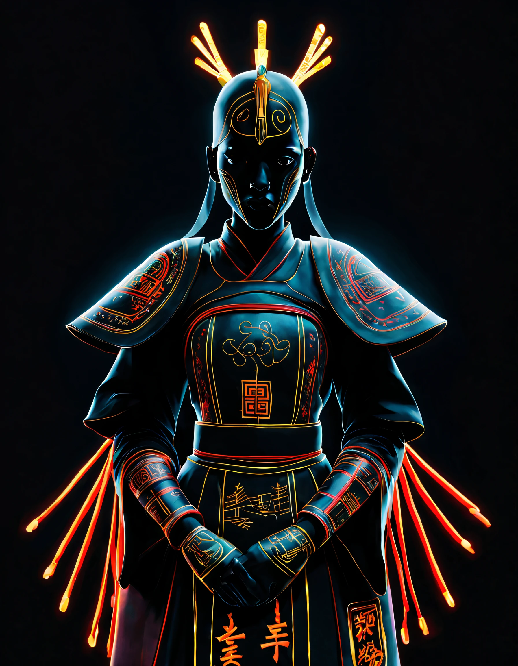 Black light art ，with black background，（Chinese Hanfu female knight），Jean-Michel Basquiat (Jean-Michel Basquiat) Stylized, character concept design, Half a body，