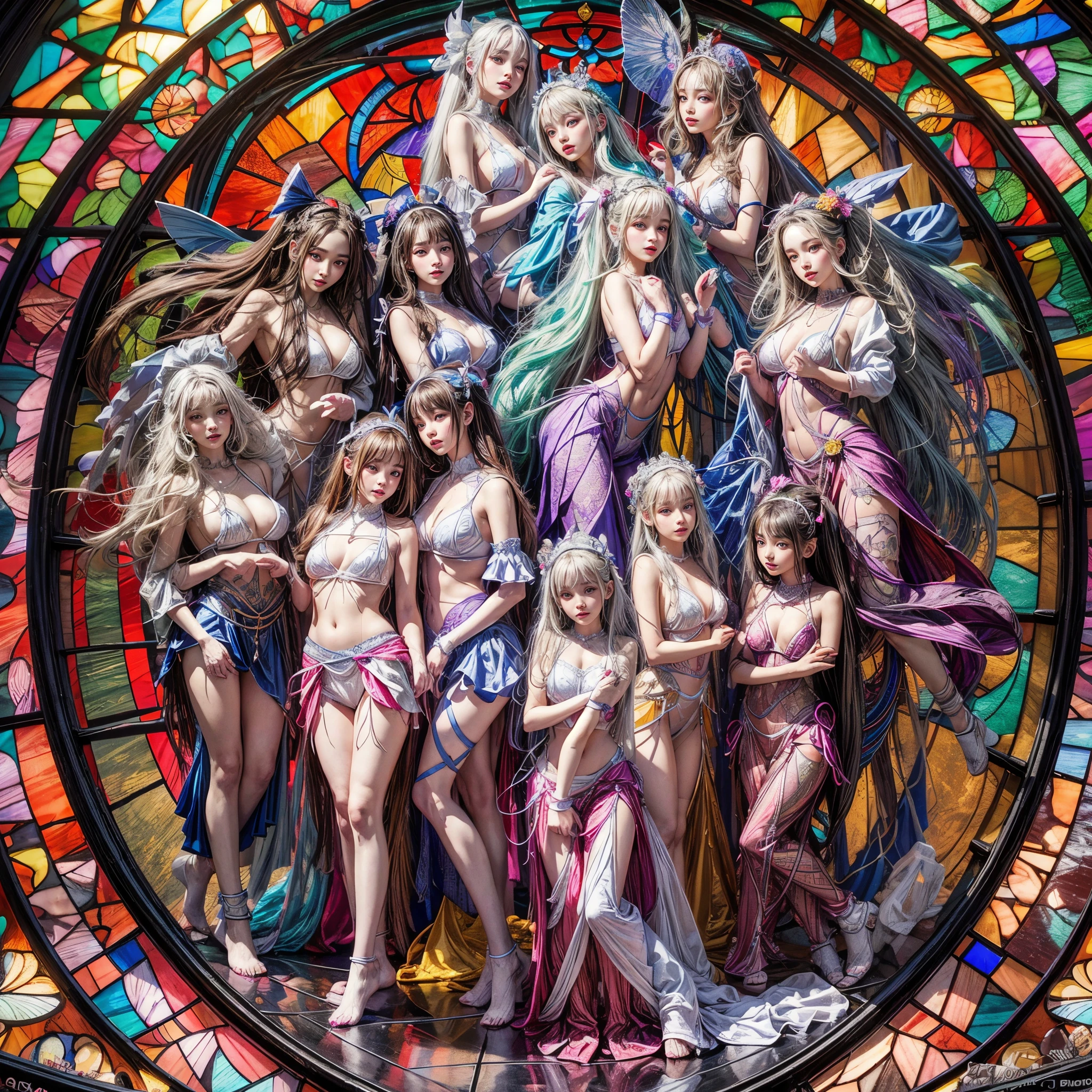 (stained glass Background, Masterpiece, White and vivid colors, (Exposed:1.2), (nipple:-0.9)), (9 sexy junior idols in row), ((face variations, Hair variations)), { Navel | Ass }, portrayed in the best quality and high resolution. The image should be ultra-detailed, realistic, and photorealistic with a touch of rawness. concept art. The color tone should be vibrant and vivid, enhancing the overall visual impact. (Whole Body proportions and all limbs are anatomically accurate), (Vivid Colorful light shines through the delicate stained glass).