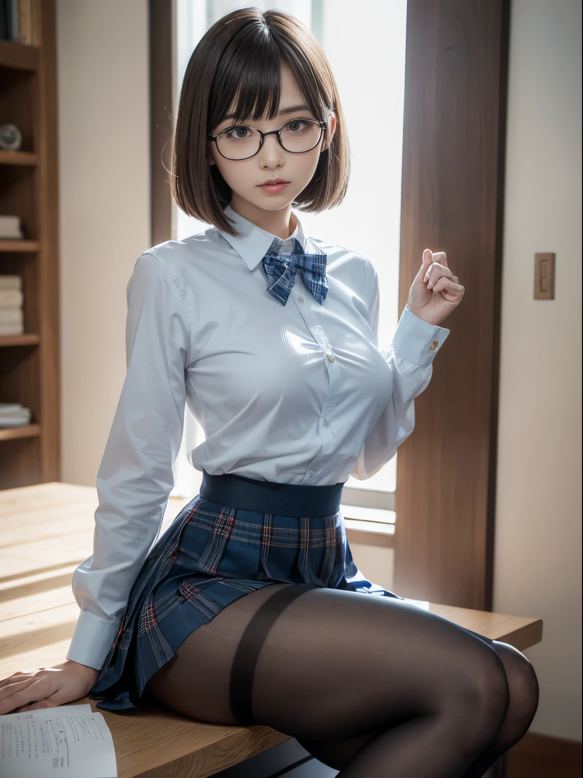 (((Long bob cut)))、(Underwear is visible)、((Narrow-eyed))、((Narrow-eyed))、((Narrow-eyed))、(8K、Raw photography、top-quality、​masterpiece：1.2),、Has a small、(flat breast)、(flat breast)、(flat breast)、(flat breast)、(flat breast)、(being thin)、light skinned、skin whitening、Dark look、Rasping,glamor,Chromo-white skin,cocky,School,watching at viewers,Looking at the front,Muchimuchi,High-pitched clothing,Erotic,Pupils,de pele branca,kne,((Black pantyhose)),absurderes,a small face,,Forehead visible,Bangs hanging from the left and right sides of the forehead,(a cold expression,Tight eyes,glares,Bullish,irate)、​masterpiece,top-quality、超A high resolution,Raw photo,ren,Beautiful fece,One Person, 独奏,eye glass,,Dark look,Small breasts,fullllbody,Round glasses,JK school uniform,hi-school girl,A Japanese Lady,is standing,（Photorealsitic：1.37）、Photon mapping,Realistic、Beautie,Cute little face,Brown-eyed、Black socks、(Red bow tie)、Radio City、Physically Based Rendering、depth of fields、Blurry background、a picture,Body,beauty legs, Long legs, Thin leg,(Bangs are visible), hair, s lips, Blue_The eye, nosesoft,(Light blue shirt), (Navy and blue and white plaid pleated skirt), Knees are visible,Sheer clothing,, Thigh, Black cotton socks,Nogizaka Idol, 女優, Japanese ido