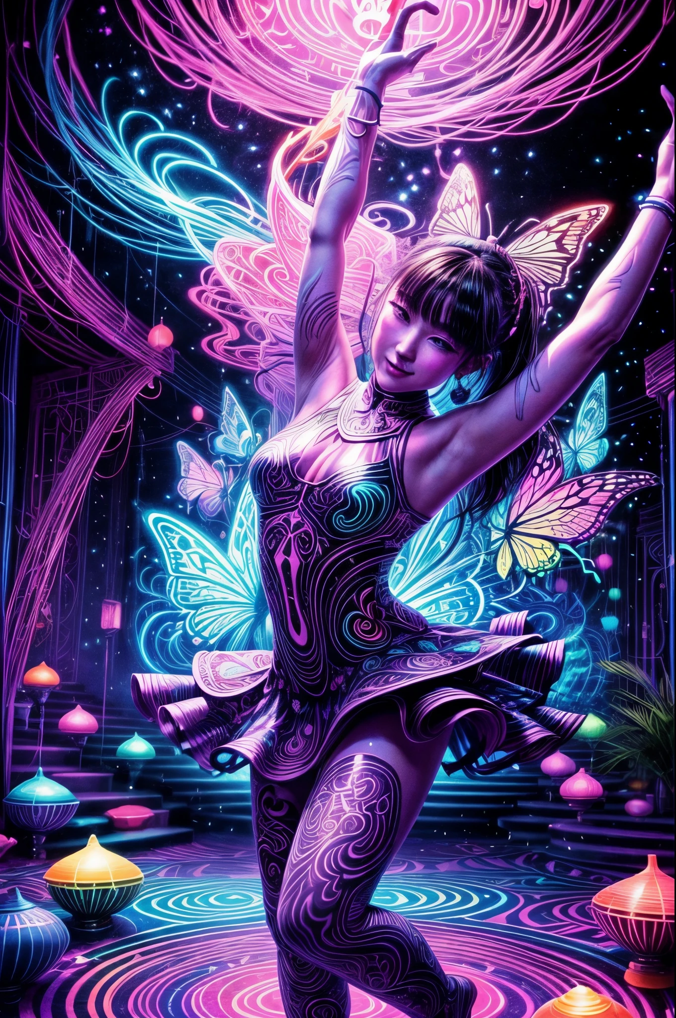When illuminated by black light，The dance floor in the bar turns into a mysterious world。In this world，Girls wearing fluorescent clothes，Release unlimited vitality in the beating rhythm。in the center of the dance floor，A girl in pink clothes is leading everyone in a cheerful dance。Her body glows bright pink under the black light，Make her look like a gorgeous butterfly dancing。The girls around her danced to her rhythm，The fluorescent paint on their bodies shines in colorful light under the black light，It&#39;s like being in a mysterious fairyland。There are some fluorescent paintings hanging on the wall next to the dance floor，These paintings are illuminated by black light，become more colorful。some weird shapes、Bizarre patterns，Make the whole space full of creativity and imagination。In such a dynamic and creative environment，People can dance happily、Release your emotions and energy。This black light art painting presents a vibrant and creative world，Immerse people in it，feel the joy of dancing，Release your emotions and energy,（black light art drawing：1.5）