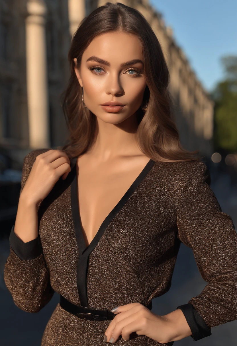 arafed woman with a beautiful tight dress, sexy girl with brown eyes, portrait sophie mudd, brown hair and large eyes,bedroom eyes, violet myers, without makeup, natural makeup, looking directly at the camera, face with artgram, subtle makeup,selfie at the club, cleavage
