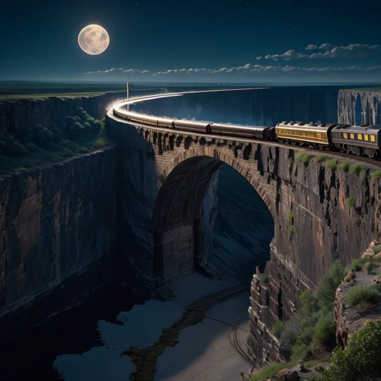 nigh sky streetlights a moon Precipitous cliffs Railways and steam locomotives stone bridge