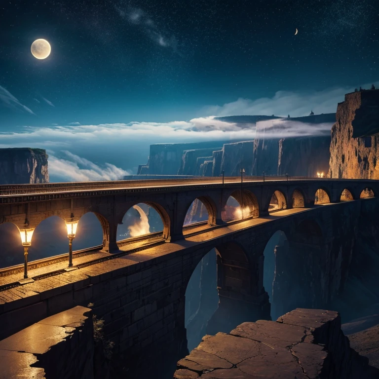 nigh sky streetlights a moon Precipitous cliffs Railways and steam locomotives stone bridge