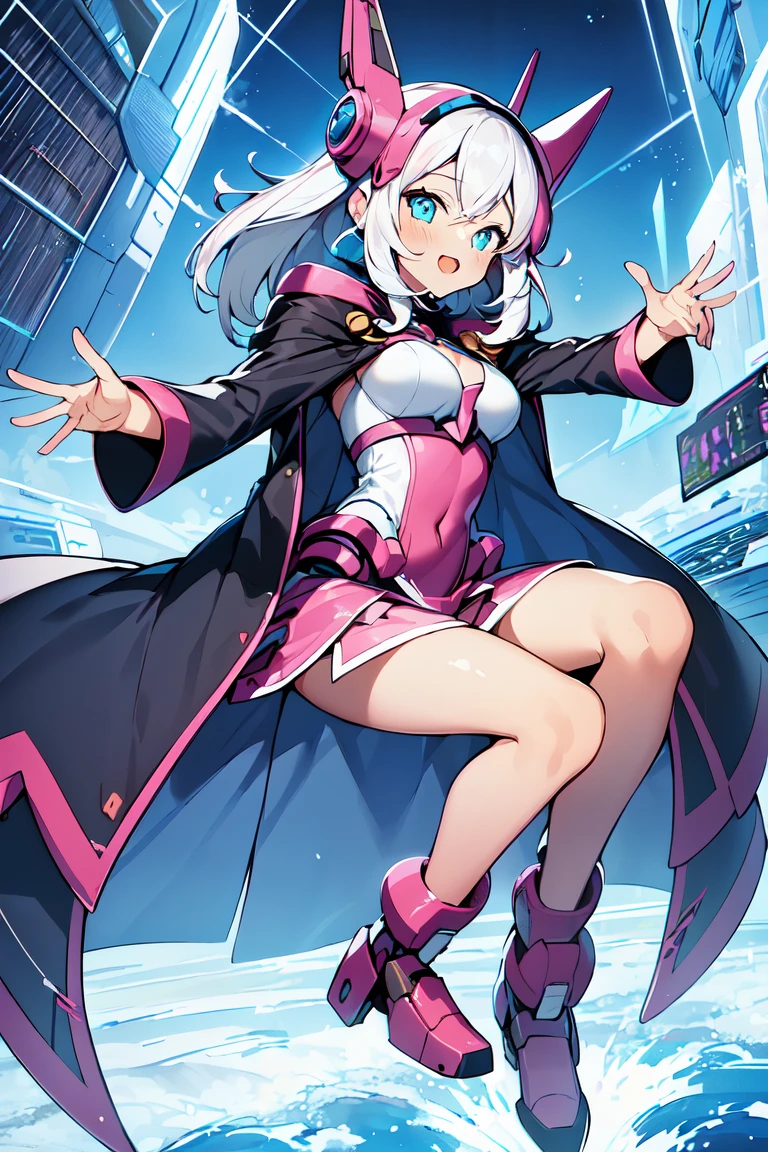 (1girl:1.5), solo, (loli:1.4), full body, small breasts, short hair, looking at viewer, (open coat, robe, blue robe, magical, magician, modern, contemporary, mecha musume, science fiction, futuristic:1.4), solo, full body, masterpiece, solo, (dynamic pose:1.5), mecha musume, mecha, (flying, dynamic pose:1.4), futuristic, beautiful, detailed eyes, detailed face, (white clothes:1.2), (blue stripes:1.3), (white hair:1.4), yu-gi-oh!, (loli:1.2), (cyberse:1.4), (loli:1.3), absurdres, ultra-detail, yugioh style, yugioh monster, duel monster,