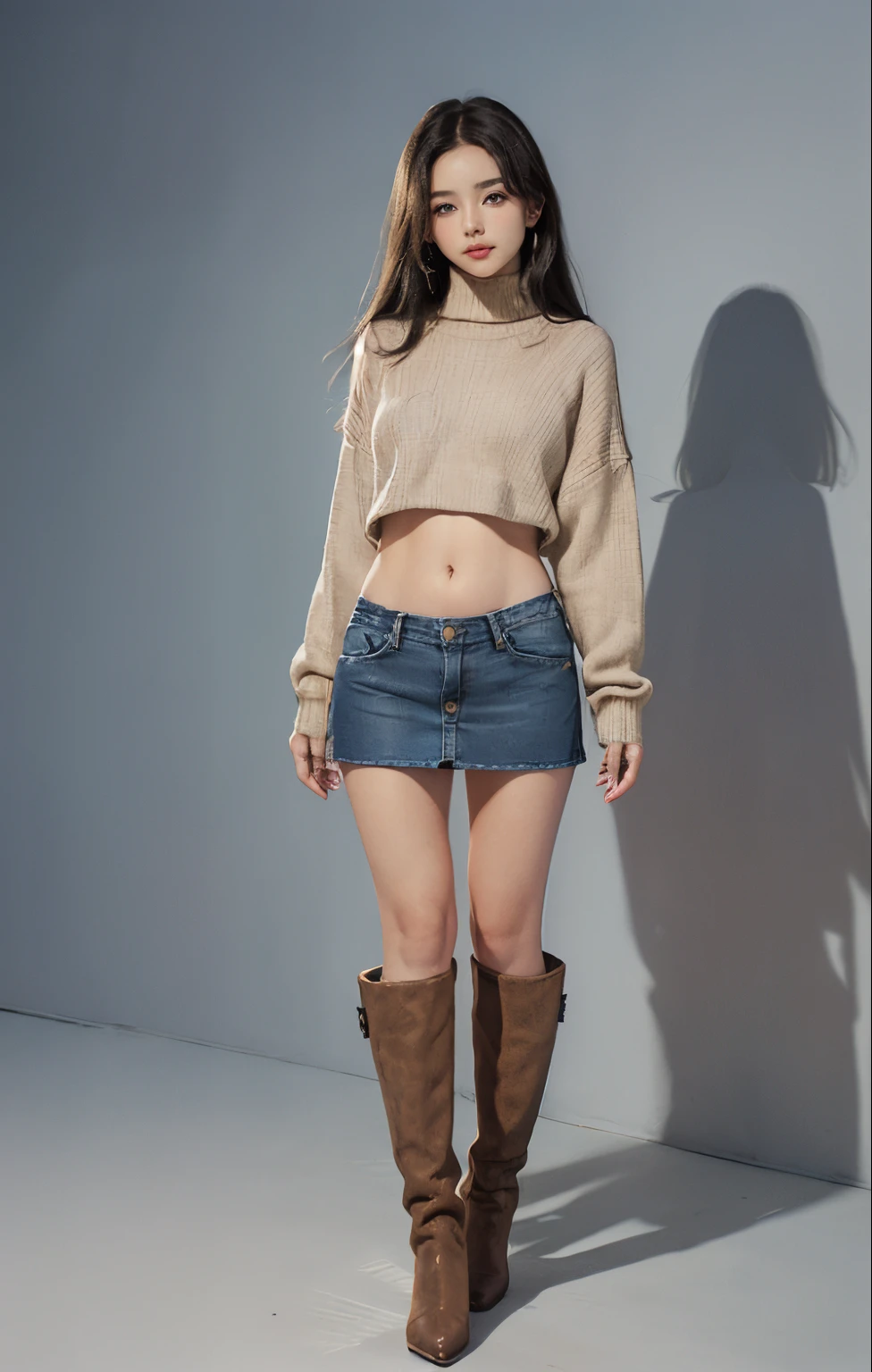 high quarity,detail,Bare belly,Natural and authentic,Lighting and shadows、Bare belly,(A dark-haired、straight haired)、 (A dark-haired、straight haired)、 Beautiful hairstyle、realisticeyes、Beautiful details、(real looking skin)、 ((wide open abdomen))、((open abdomen))、((wide open navel))、((open navel))、((Bare belly))、((Mid-Riff Sweater))、((Mid-Riff Sweater))、((Ultra-low rise、Denim Mini Skirt))、((Ultra-low rise、Denim Mini Skirt))、((Ultra-low rise、Denim Mini Skirt))、 ((Navel Ejection))、((small hips))、((small hip))、(long boots)、((Ultra-low rise))、((Ultra-low rise))、((Denim Mini Skirt))、、((Full body depiction))、((is standing))、 ((wide open abdomen))、((open abdomen))、((wide open navel))、((open navel))、((Bare belly))、((Mid-Riff Sweater))、((Ultra-low rise、Denim Mini Skirt))、 ((Navel Ejection))、((small hips))、((small hip))、(long boots)、((Ultra-low rise))、((Ultra-low rise))、((Ultra-low rise))、((Denim Mini Skirt))、 ((wide open abdomen))、((open abdomen))、((wide open navel))、((open navel))、((Bare belly))、((Mid-Riff Sweater))、((Ultra-low rise、Denim Mini Skirt))、、((Full body depiction))、((is standing))