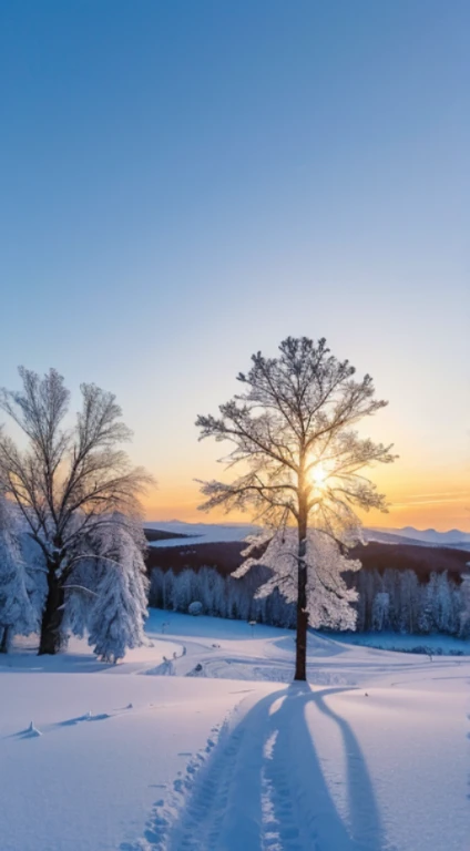 Landscape painting under sunset,Realistic reality,Get close to nature,The branches of the trees are covered with crystal clear rime,Very fresh and unique picture