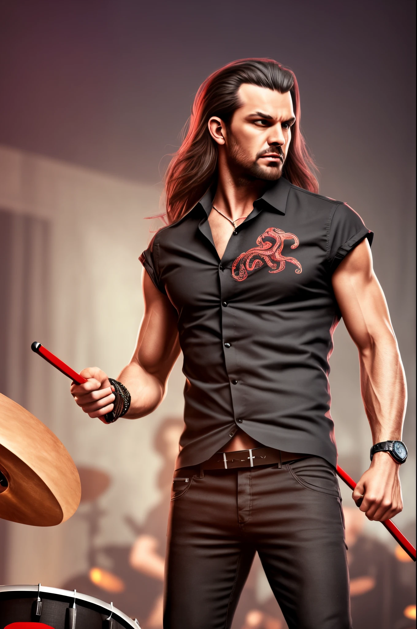 create a image of a heavy metal drummer playing his drums at a concert, the drummer has long wavy dark brown hair, he is dressed in a short-sleeved black button-down shirt, he has a face of a red octopus draw on his shirt, he is wearing a black pants, he has red drums, cinematic scene, artgerm style, 32k, ultra HD, unreal engine rendered, hyper-realistic image -neg bad anatomy, bad proportions, cloned face, deformed face, extra limbs, fused fingers, long neck, out of frame, poorly draw face, ugly, poorly draw hands, cartoon --auto --s2