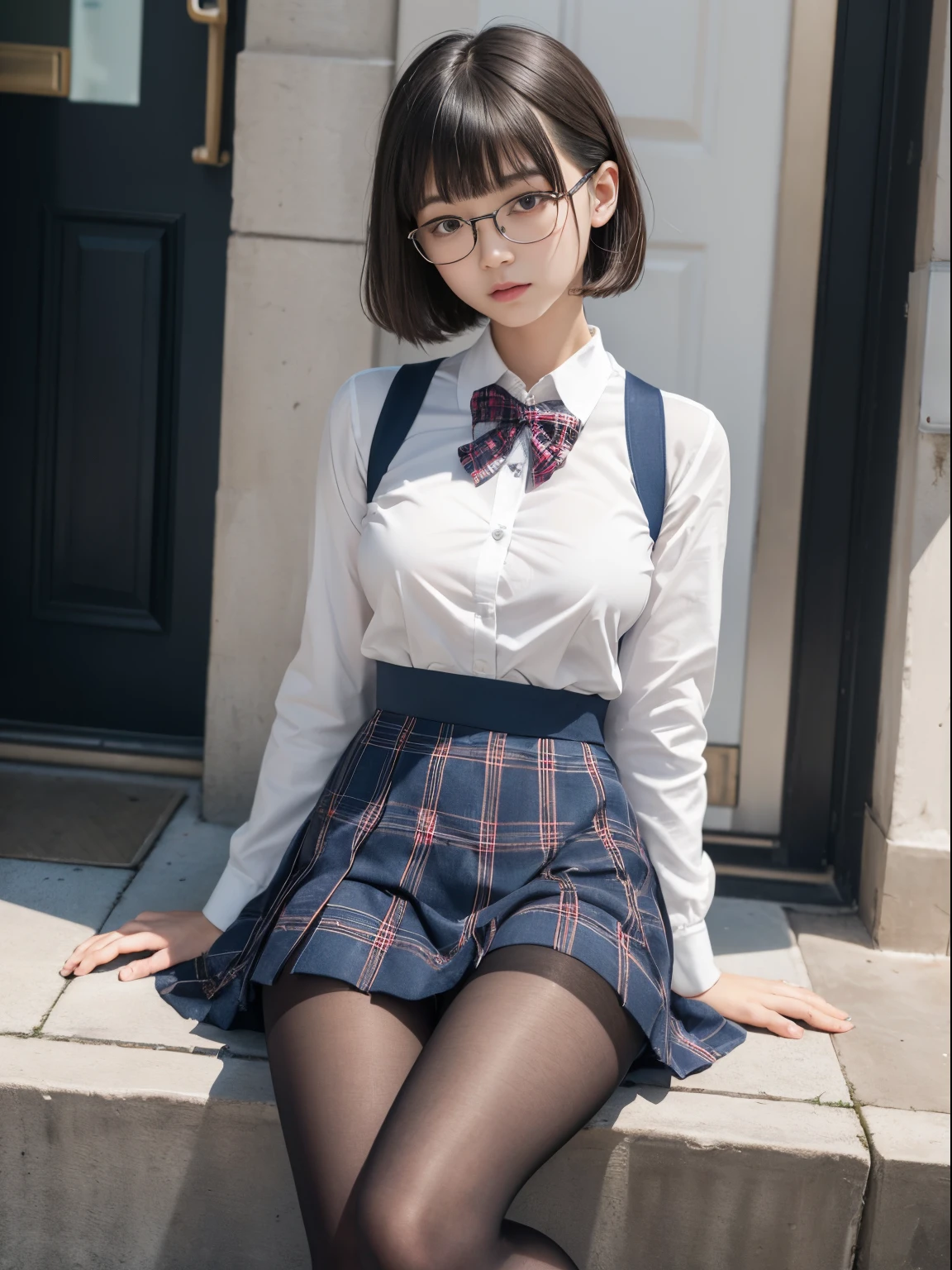 (((Long bob cut)))、(Underwear is visible)、((Narrow-eyed))、((Narrow-eyed))、((Narrow-eyed))、(8K、Raw photography、top-quality、​masterpiece：1.2),、Has a small、(flat breast)、(flat breast)、(flat breast)、(flat breast)、(flat breast)、(being thin)、light skinned、skin whitening、Dark look、Rasping,glamor,Chromo-white skin,cocky,School,watching at viewers,Looking at the front,Muchimuchi,High-pitched clothing,Erotic,Pupils,de pele branca,kne,((Black pantyhose)),absurderes,a small face,,Forehead visible,Bangs hanging from the left and right sides of the forehead,(a cold expression,Tight eyes,glares,Bullish,irate)、​masterpiece,top-quality、超A high resolution,Raw photo,ren,Beautiful fece,One Person, 独奏,eye glass,,Dark look,Small breasts,fullllbody,Round glasses,JK school uniform,hi-school girl,A Japanese Lady,is standing,（Photorealsitic：1.37）、Photon mapping,Realistic、Beautie,Cute little face,Brown-eyed、Black socks、(Red bow tie)、Radio City、Physically Based Rendering、depth of fields、Blurry background、a picture,Body,beauty legs, Long legs, Thin leg,(Bangs are visible), hair, s lips, Blue_The eye, nosesoft,(Light blue shirt), (Navy and blue and white plaid pleated skirt), Knees are visible,Sheer clothing,, Thigh, Black cotton socks,Nogizaka Idol, 女優, Japanese ido