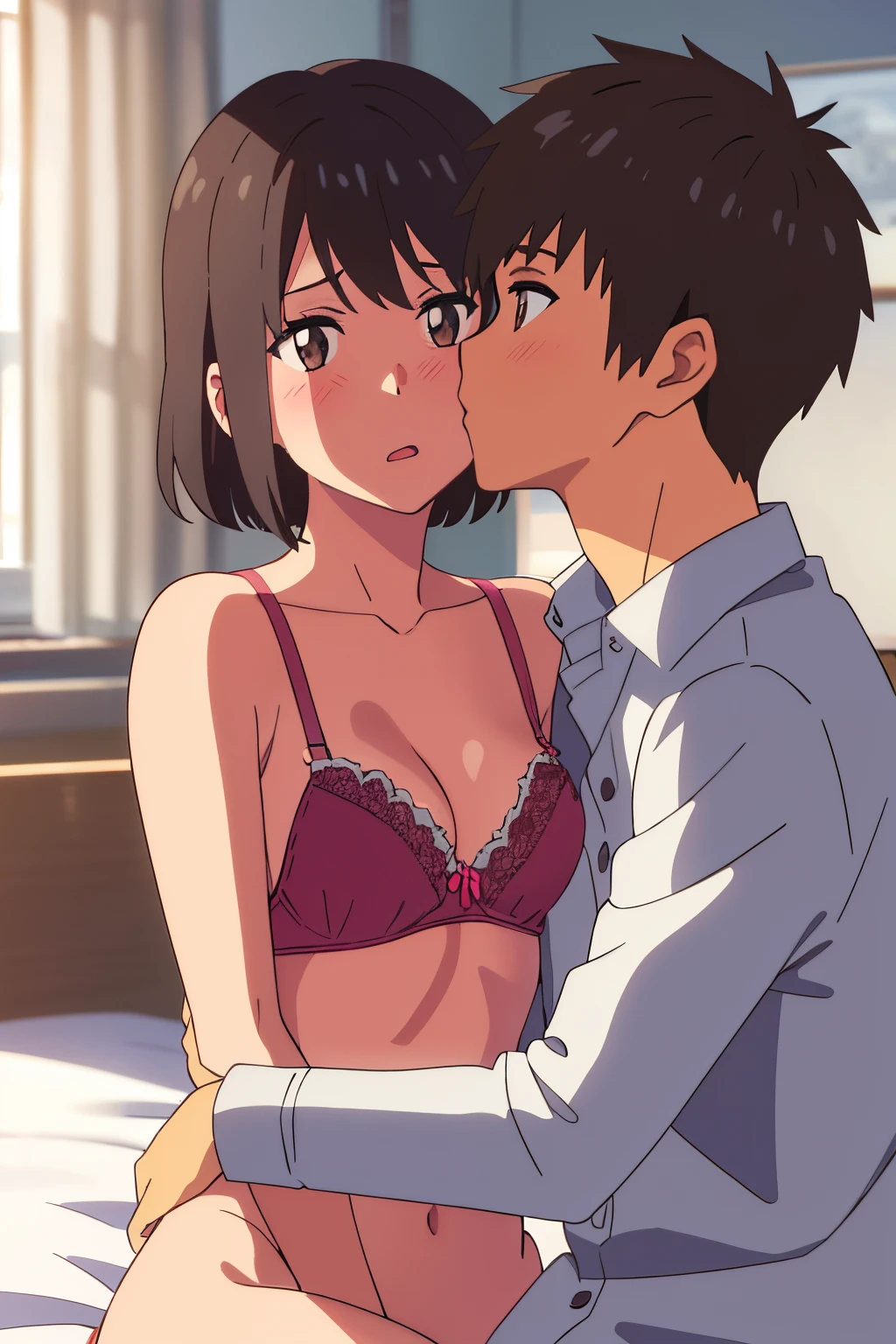 shinkai makoto, kimi no na wa.,1boy, buzzcut,nude, boy is front of girl, passionate hug, face press on the chest, sniffing chest, kiss chest, 1girl, bangs, black hair, blush, brown eyes, looking at the viewer, indoors, short hair, open mouth, white long sleeve shirt, unbuttoned shirt, open shirt, pink bra, medium breast, night, bedroom, sit on bed