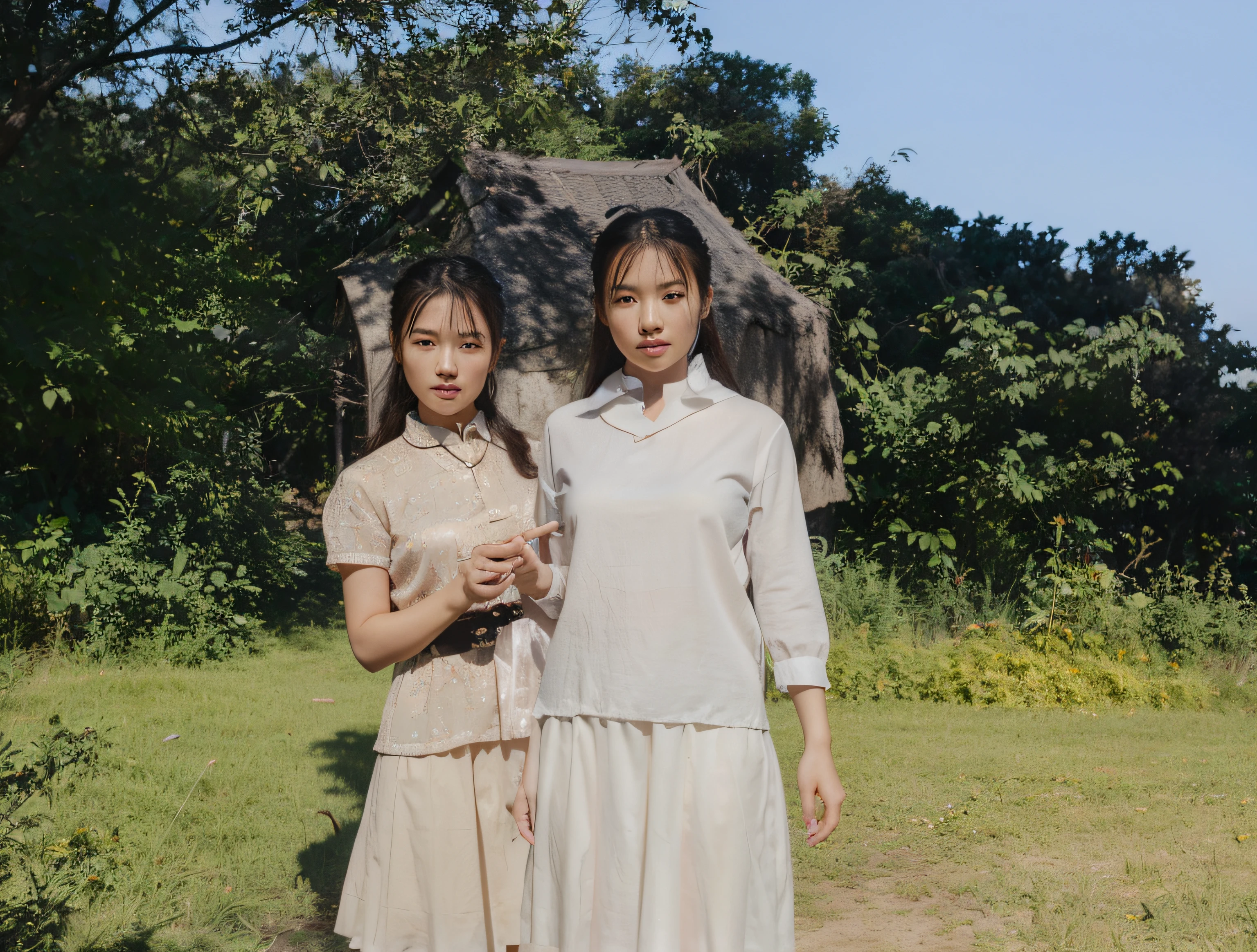 Photo of two Chinese girls，The texture of the clothes is clear，Ultra-clear texture，Camera shooting effect，Light and shadow are natural，symmetrical clothes，Symmetrical collar、coordination，Ultra-clear and realistic 8K,The eyes and face are very detailed,hyper-detailing, k hd, The is very detailed, Best quality at best, tmasterpiece, , actual, of a real, 8k wallpaper,Background details of foreground objects (tmasterpiece: 1.2) (realisticlying: 1.2) (bokeh: 1.2) (Best quality at best) (colorgrading) (Detailed skins: 1.3) (Complex) The background is woods，There are dense foliage，There are meadows on the ground，(8K)(电影灯光: 1.3) (Focus sharp), Glowing and radiant skin, Front Ultra HD, Digital SLR, gentlesoftlighting, high qulity, skin texture, filmgrain, closeup cleavage, 超高分辨率,