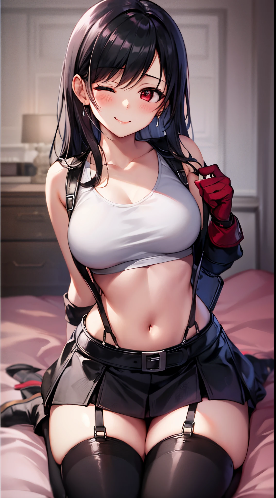 tifa ff7, 1girl, solo, looking at viewer, blush, sitting, on bed, wariza, seductive smile, white tank top, black skirt, suspender skirt, midriff, black thighhighs, red gloves, bra, zettai ryouiki, bent over, head tilt, one eye closed
