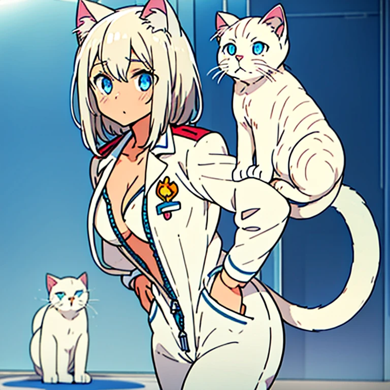 Solo, woman, neko ((white cat ears), (white cat tail)), white messy hair, long bangs, wearing blue coveralls ((uniform), (zipped down)), light blue eyes, cleavage