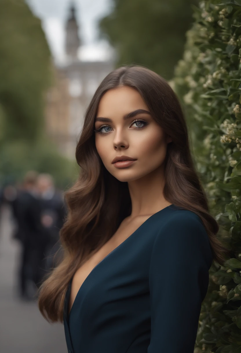Latino and Swedish Woman, sexy girl with blue eyes, ultra realist, Meticulously detailed, Portrait Sophie Mudd, brown hair and big eyes, selfie of a young woman, London background, black suite, with makeup, natural makeup, looking straight at camera , Face with Artgram, Subtle makeup, Great photo of the whole body the street, in the London, Medium to large bust, in a sexy dress outfit, standing on London park