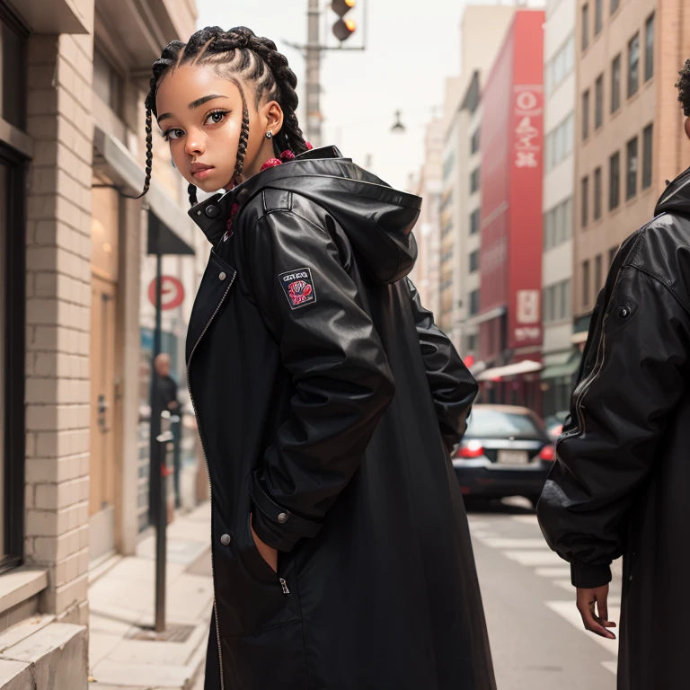 girl with fake braids in black coat