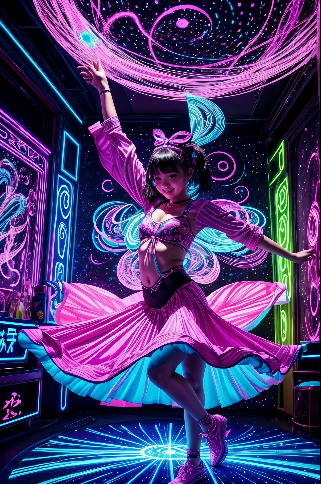 When illuminated by black light,The dance floor in the bar turns into a mysterious world。In this world,Girls wearing fluorescent clothes,Release unlimited vitality in the beating rhythm。in the center of the dance floor,A girl in pink clothes is leading everyone in a cheerful dance。Her body glows bright pink under the black light,Make her look like a gorgeous butterfly dancing。The girls around her danced to her rhythm,The fluorescent paint on their bodies shines in colorful light under the black light,It's like being in a mysterious fairyland。There are some fluorescent paintings hanging on the wall next to the dance floor,These paintings are illuminated by black light,become more colorful。some weird shapes、Bizarre patterns,Make the whole space full of creativity and imagination。In such a dynamic and creative environment,People can dance happily、Release your emotions and energy。This black light art painting presents a vibrant and creative world,Immerse people in it,feel the joy of dancing,Release your emotions and energy,(black light art drawing:1.5)