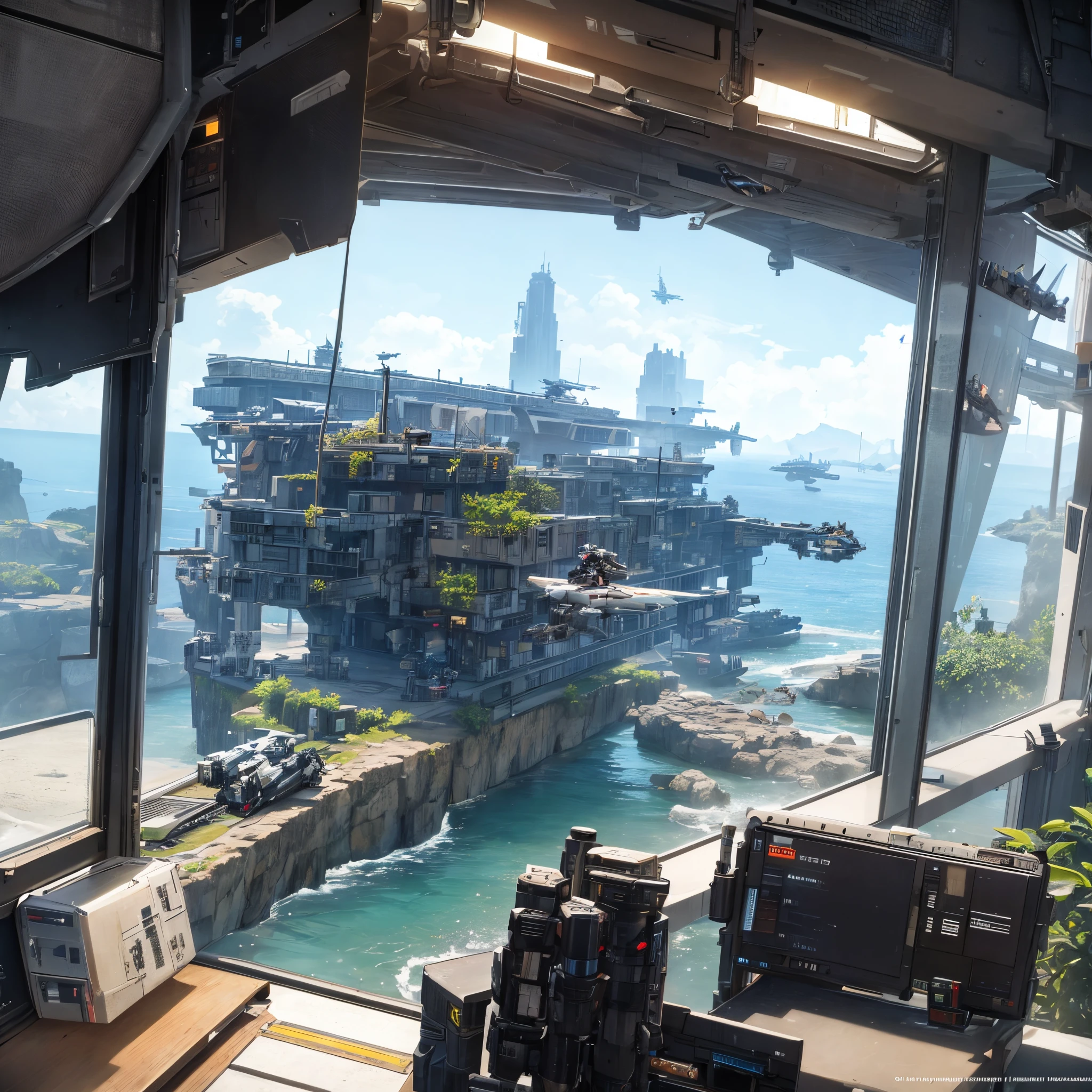 Titanfall style, arknights style, spaceship, thrusters, cockpit, people, aircraft, ship, pipe, windows, hangar, halo spaceship, starcitizen, starcitizen spaceship, call of duty Infinite warfare, call of duty