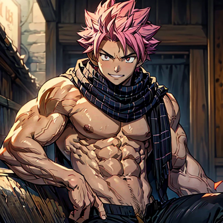 1boy, 20 year old, Natsu Dragneel smiling widely wearing a black sleeveless jacket bare chested wearing white scarf. In black trousers with a bulge, reclining down looking at the viewer. Big muscular proportionate arms and strong chest and abs. Pink hair and detailed eyes. front view, wearing white scarf. big pecs and strong washboard abs. flushed face