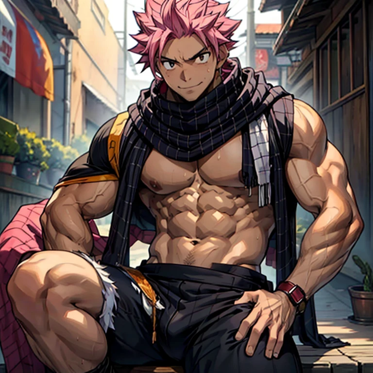 1boy, 20 year old, Natsu Dragneel smiling widely wearing a black sleeveless jacket bare chested wearing white scarf. In black trousers with a bulge, reclining down looking at the viewer. Big muscular proportionate arms and strong chest and abs. Pink hair and detailed eyes. front view, wearing white scarf. big pecs and strong washboard abs. flushed face