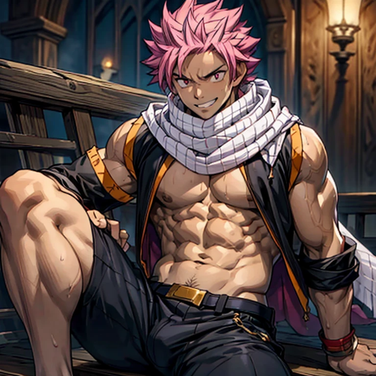 1boy, 20 year old, Natsu Dragneel smiling widely wearing a black sleeveless jacket bare chested wearing white scarf. In black trousers with a bulge, reclining down looking at the viewer. Big muscular proportionate arms and strong chest and abs. Pink hair and detailed eyes. front view, wearing white scarf. big pecs and strong washboard abs. flushed face