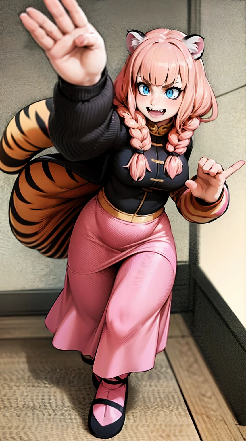 , tiger ears, tiger tails, martial art, medium chest, pink hair, skirt, jacket, godess,1girl,coat,walking, solo focus.1character, holy catholic mountain, smile, large skirt, long skirt