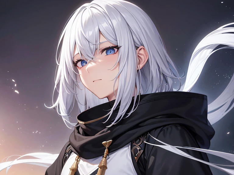 Close-up of man with white hair and black scarf、Character portrait by IA、pixiv contest winners、Fantasyart、white haired god、Beautiful character paintings、Artwork in the style of Gwise、penetrating stare、guweiz、white short-haired、short white colored hair、Flowing hair、Black hoodie、Blue eyes、Silver knife