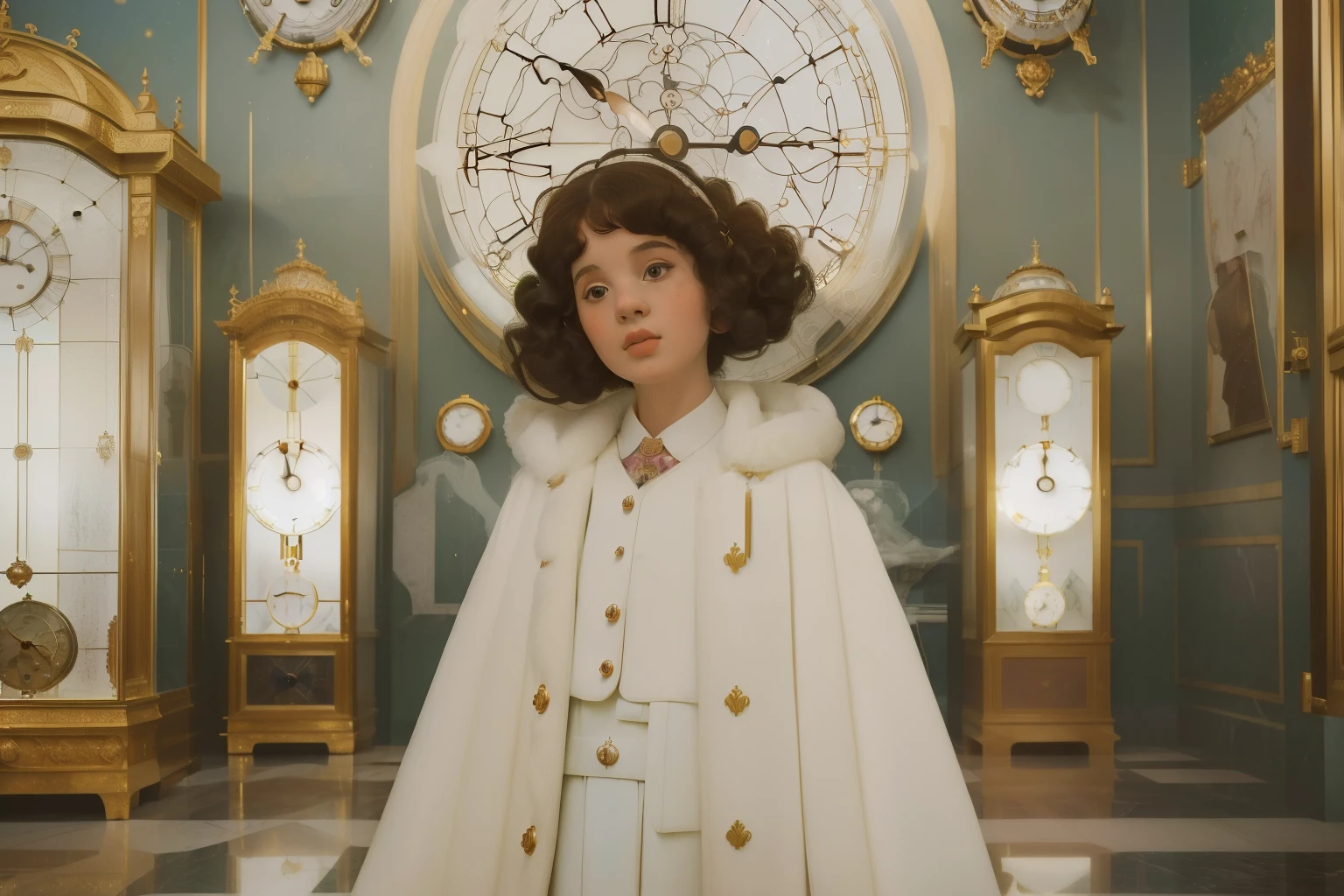 mysterious white magical city. marble and glass, ((wide view)) inside a Palace room full of ((((many hundreds of clocks)))). Pre-raphaelite ((((9-year-old)) Momo)), homeless girl, messy short curly hair, oversized coat, ((((big and unkempt Clothing from the 1960s)))), ((curly Hairstyle of the 1960s)), ((Wes Anderson cinematic style)), colorful