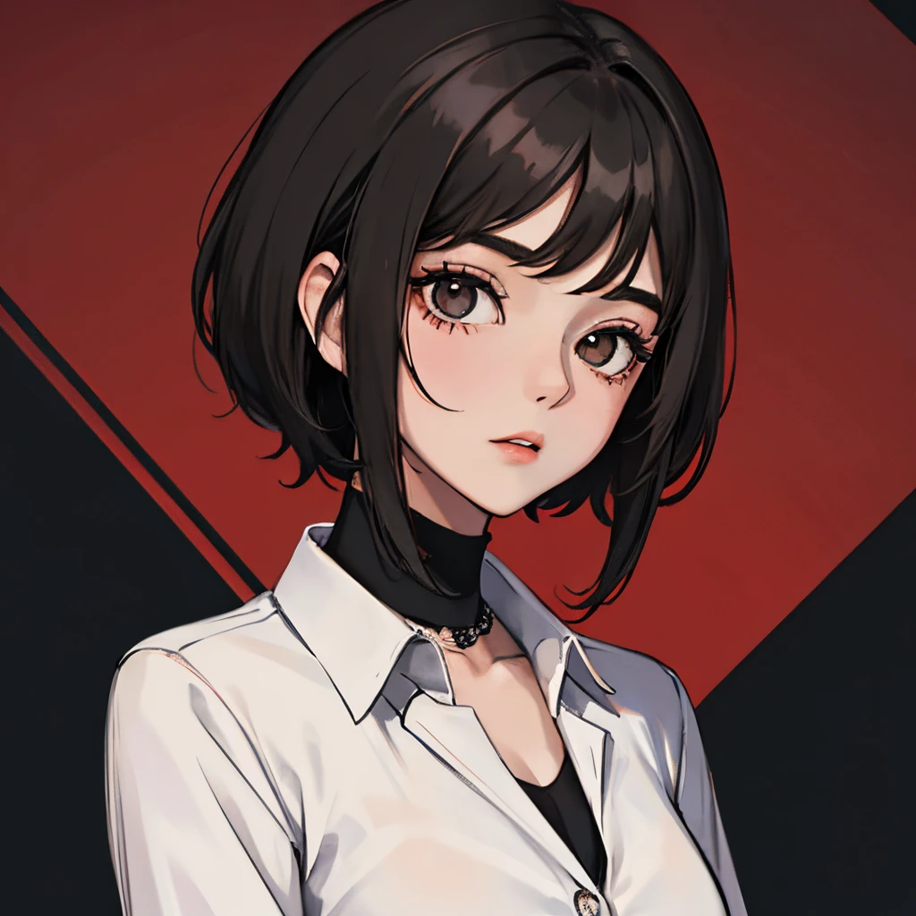 short black hair girl fully turned other way, viewers behind her, face cover with short black hair
