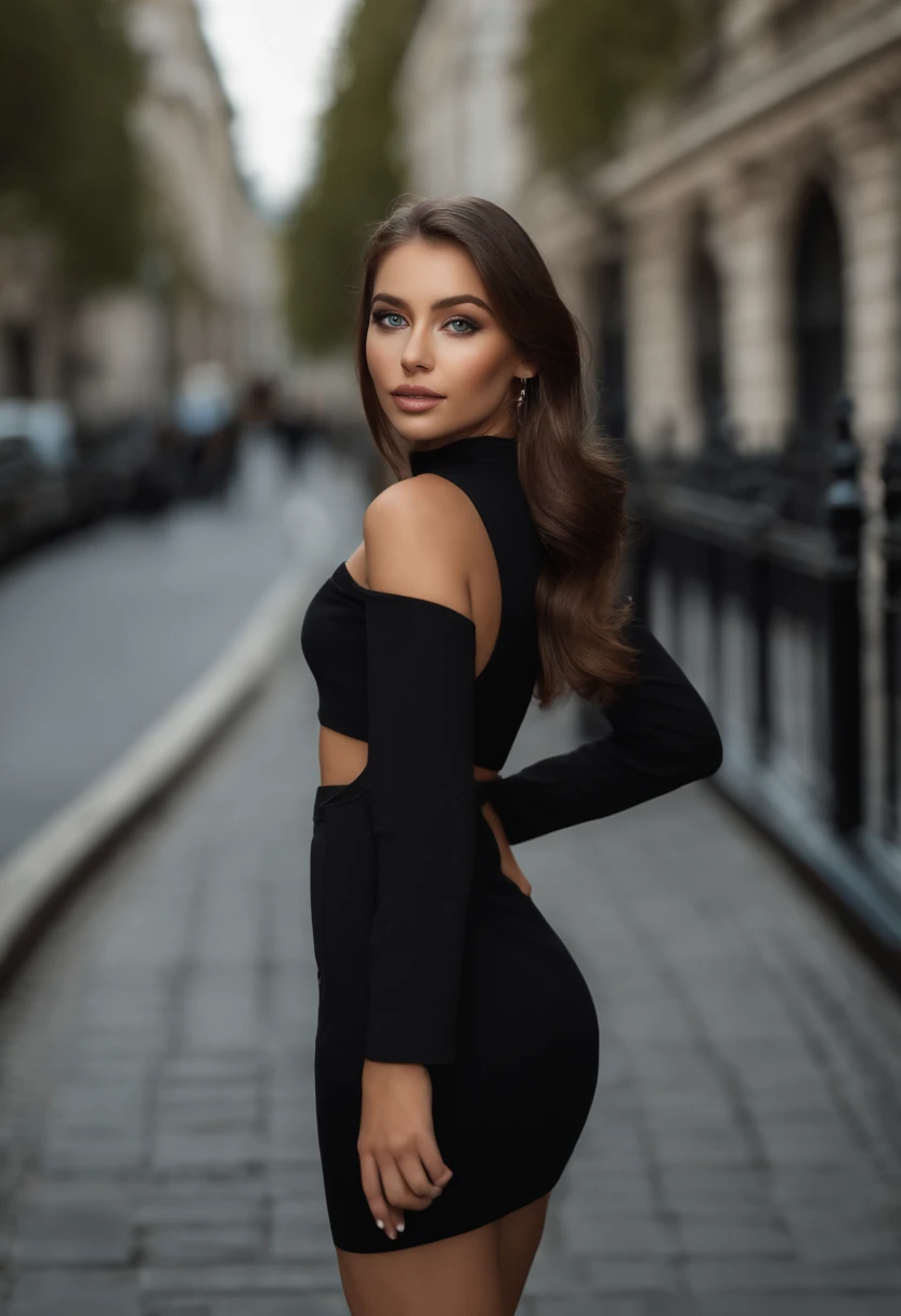Latino and Swedish Woman, sexy girl with blue eyes, ultra realist, Meticulously detailed, Portrait Sophie Mudd, brown hair and big eyes, selfie of a young woman, London background, black suite, with makeup, natural makeup, looking straight at camera , Face with Artgram, Subtle makeup, Great photo of the whole body the street, in the London, Medium to large bust, in a sexy dress outfit, standing on London park