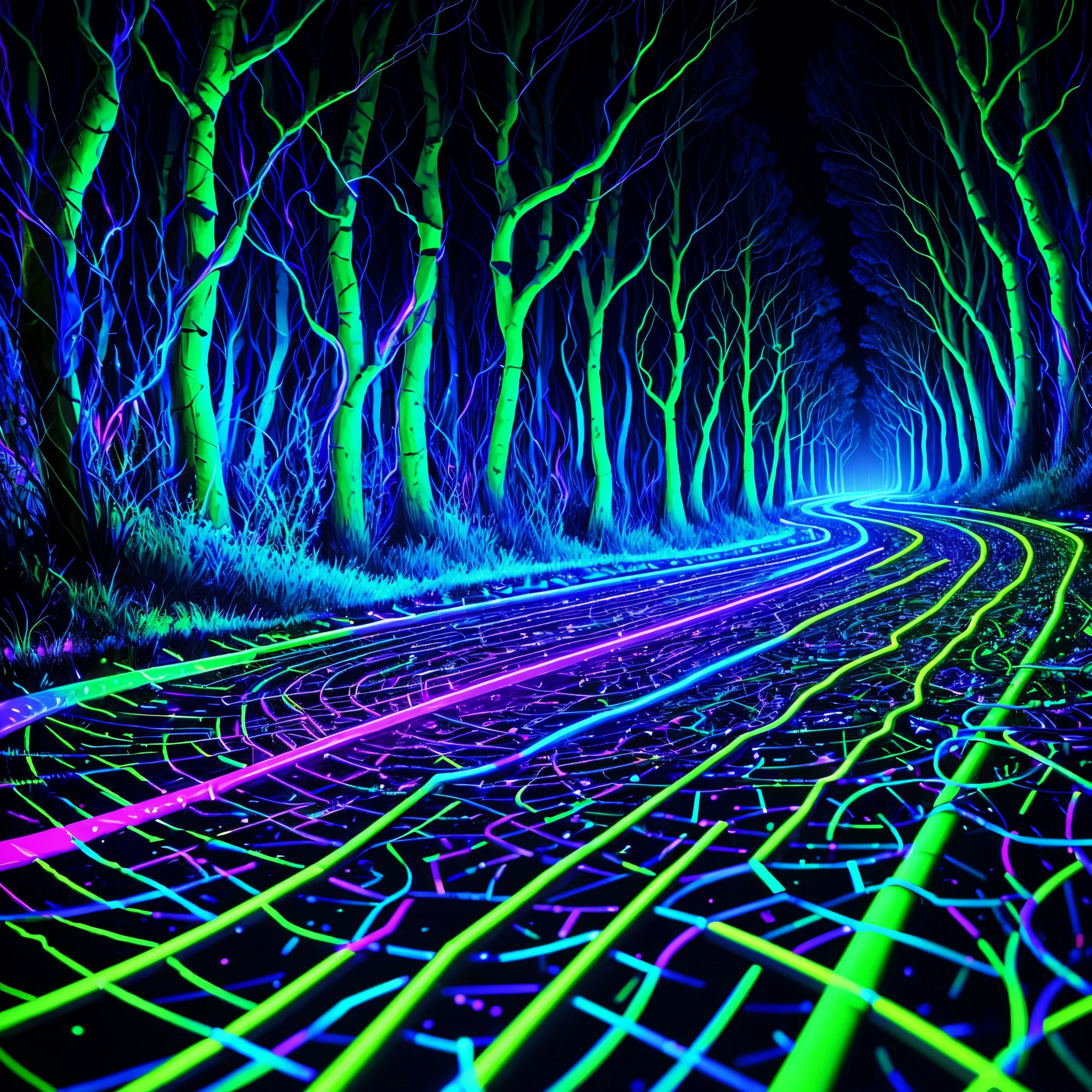 Black light draws a path to the center of the frame, Hejig, In the dark,vibrant with colors, a 3D render, Computer, circuit, motherboard, electric cables, at a forest,(Black light art:1.5)